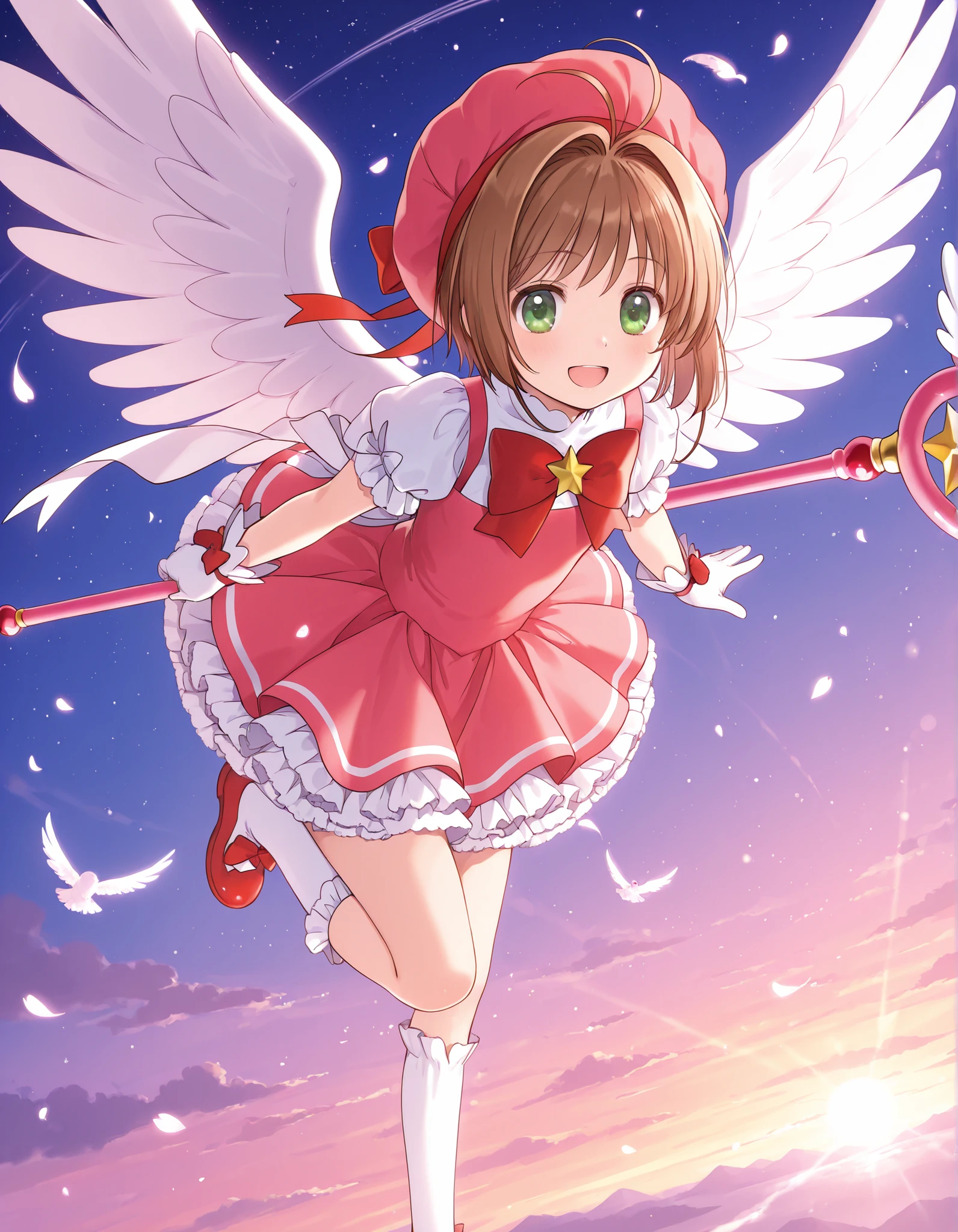 1girl, kinomoto_sakura, staff_riding, flying, winged_staff, magical_girl, from_side, open_mouth, smile, beret,