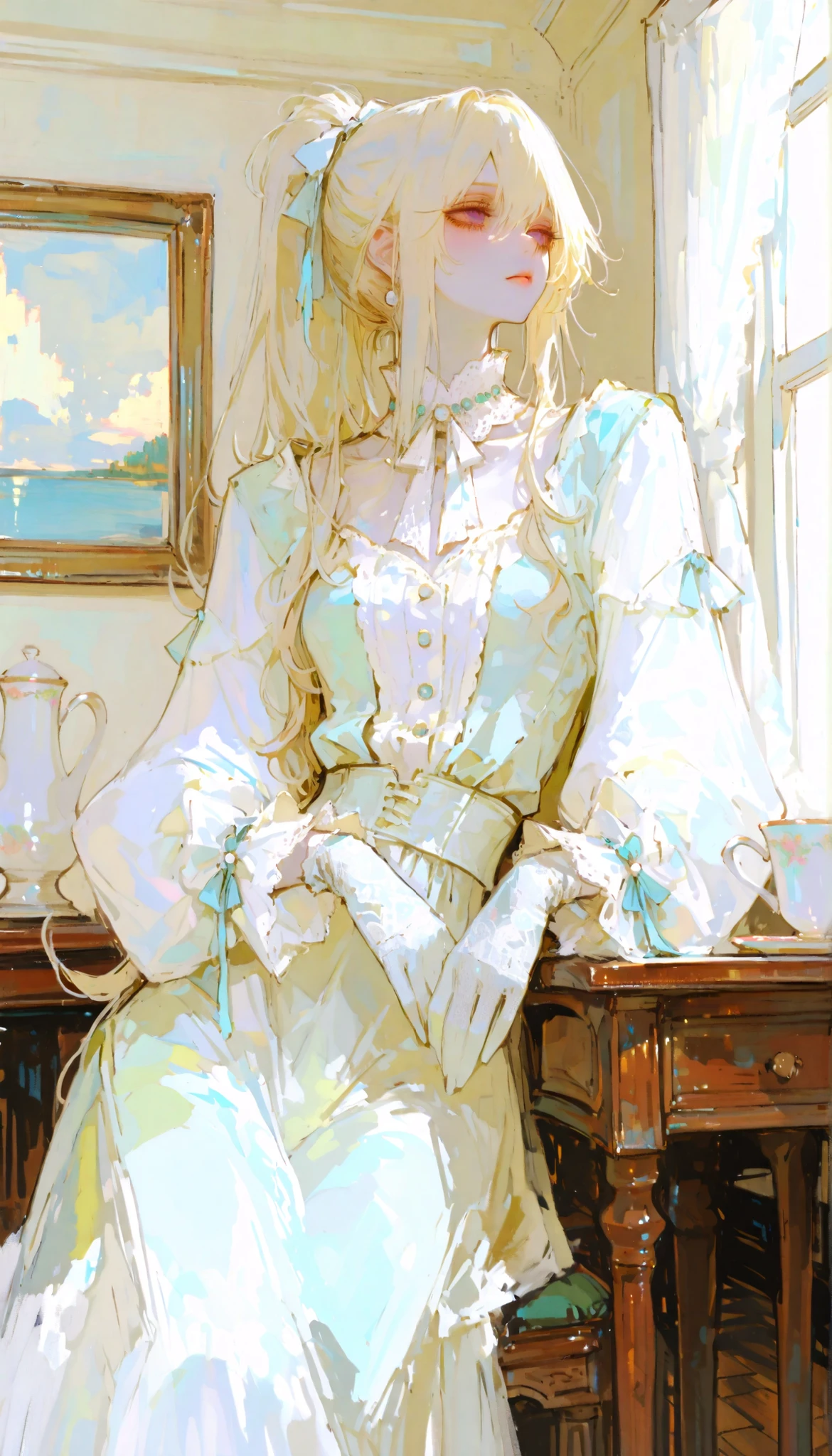Highest quality, masterpiece, ultra-high resolution, perfect detail, 1 beautiful boy, ((solo)), tall, 178cm, ((white-white-very light gold hair color)), very long high ponytail hair, detailed hair texture, light lavender eyes, cool toned pale skin, neutral appearance, handsome, very beautiful, very pretty, Beauty, mature, with long eyelashes,  wearing a 19th century vintage dress with a large lace collar and layered cuffs, decorated with pearl buttons and a small ribbon at the neck, long sleeves with lace trim, fitted waist and long skirt with frilled hem, elegant yet modest design, calm and refined color palette like charcoal gray or ivory or green or blue, soft fabric texture, classic aesthetic, lace gloves, A 19th century European interior, vintage wood floors and lace-curtain windows, classic room with old desks and tea sets, a tranquil space infused with sunlight, old-fashioned and calm color