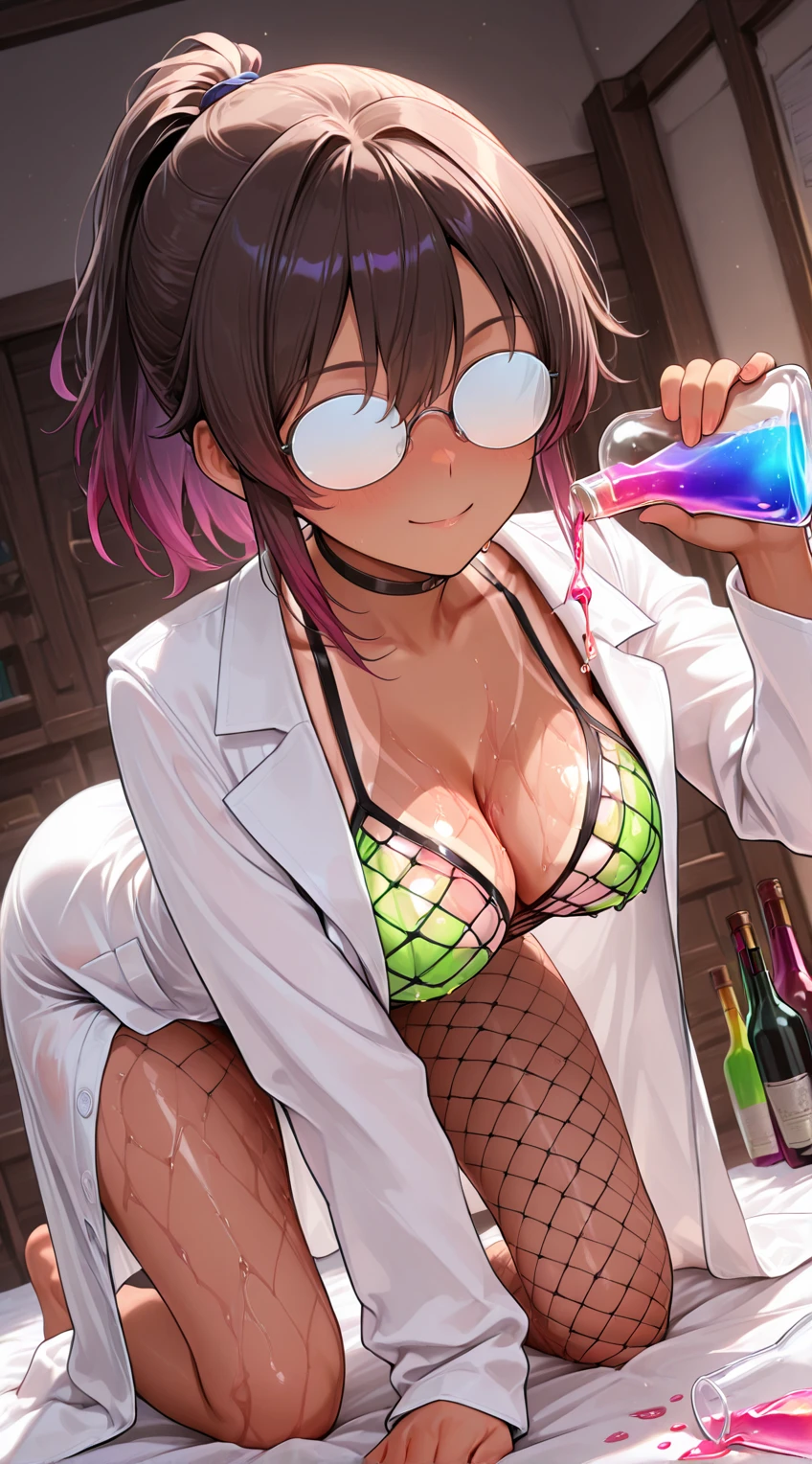 masterpiece,Highest quality,Super quality,I got  for the experiment、Applying chemicals to the body,He is showing it to his male high school assistant.,Laboratory,,Dark hair color,Glasses,pubic hair,Smile,Stay calm,mad scientist