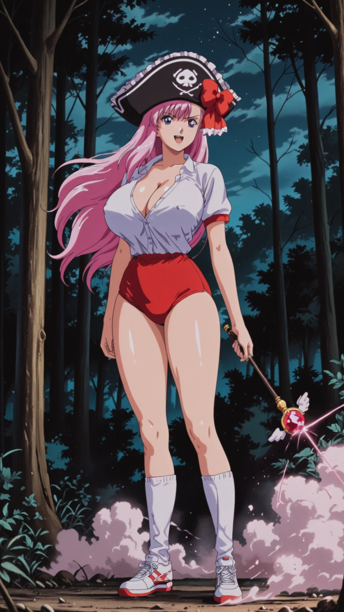 Masterpiece, high quality, high definition, 1990s retro anime style, glossy skin, Captain Liliana holding a wand and casting a spell, one woman, pink hair, long hair, pirate hat, fearless smile, white gym uniform with an open collar on the upper body, , cleavage, no bra, covered (no color), navy blue buruma with white lines on the lower body, white long socks, sneakers, casting a spell, wand, in the forest, night, trees, dust, wind,