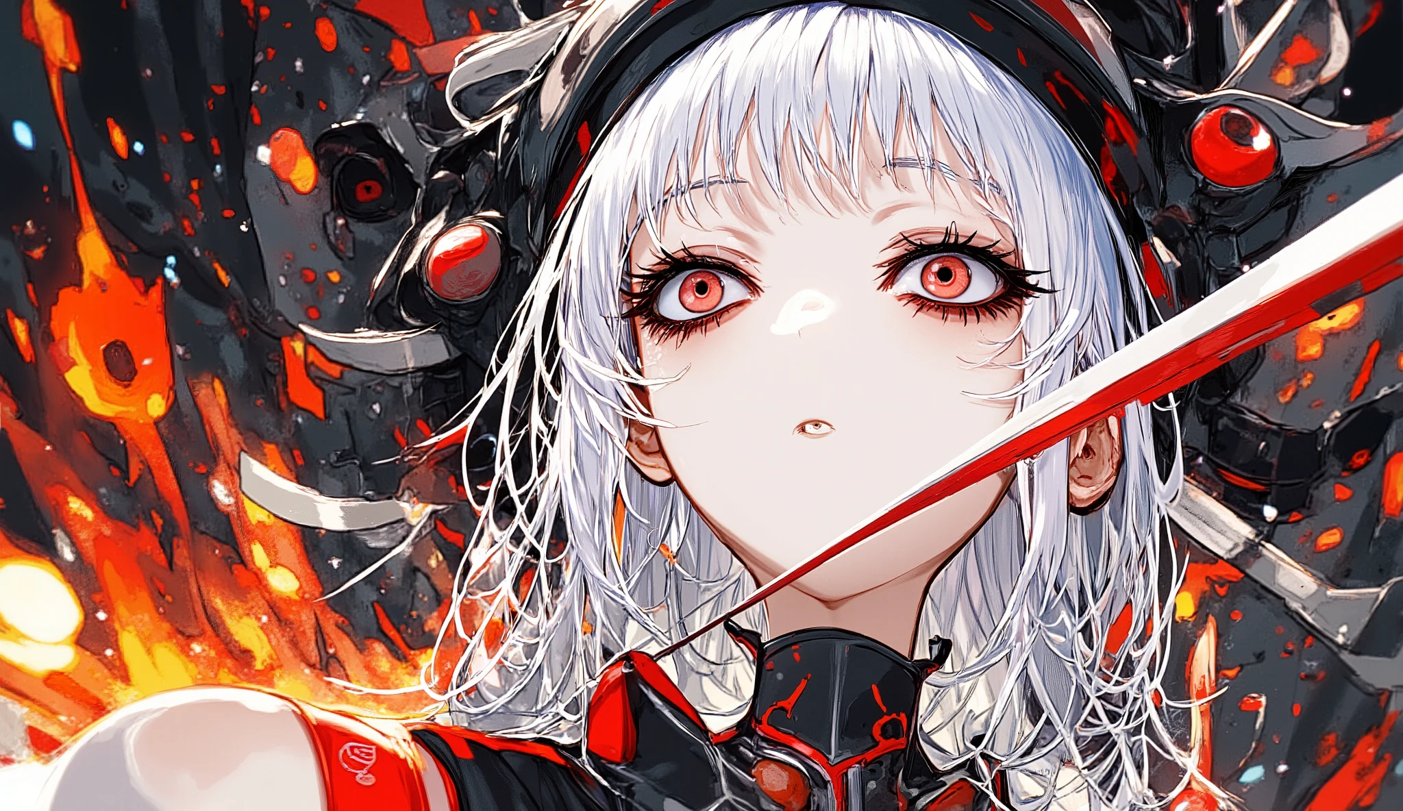 Close-up anime shot of a white-haired female oni with glowing crimson eyes, rising from flames.
Black and red armor, curved horns, sparks and ashes around her.
Expression: fierce yet sorrowful. Cinematic lighting, dark fantasy style.