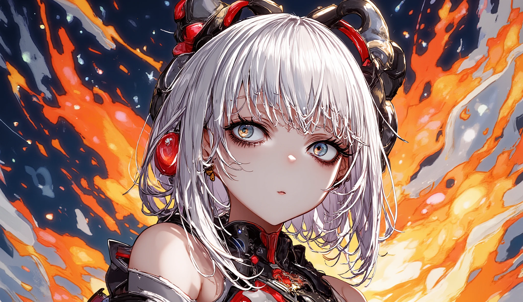Close-up anime shot of a white-haired female oni with glowing crimson eyes, rising from flames.
Black and red armor, curved horns, sparks and ashes around her.
Expression: fierce yet sorrowful. Cinematic lighting, dark fantasy style.