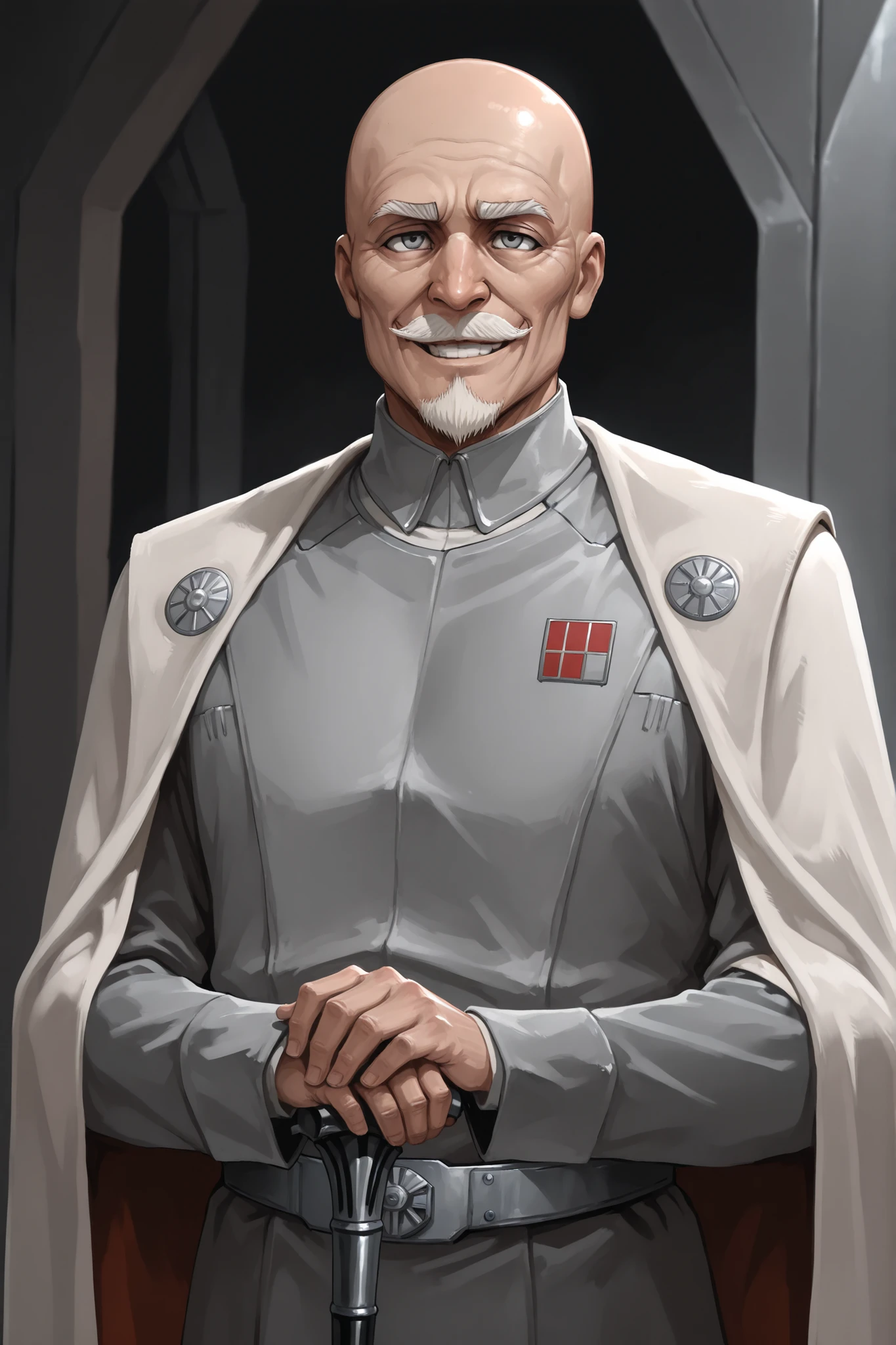 Masterpiece, 1male, Solo, elderly, Star Wars, round face, grey eyes, bald, white bushy eyebrows, sloped nose, small white mustache and goatee, grey Imperial general’s uniform, smiling, holding gentleman’s cane, cape, standing, upper body shot, Bleach art style,