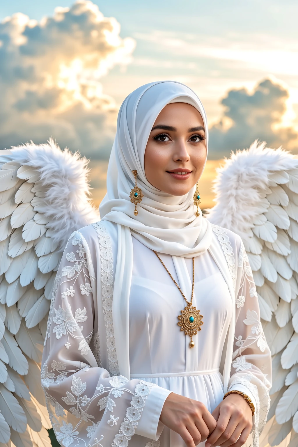 Pretty american woman wearing a hijab with tight dress showing curves and crown with angelic wings 