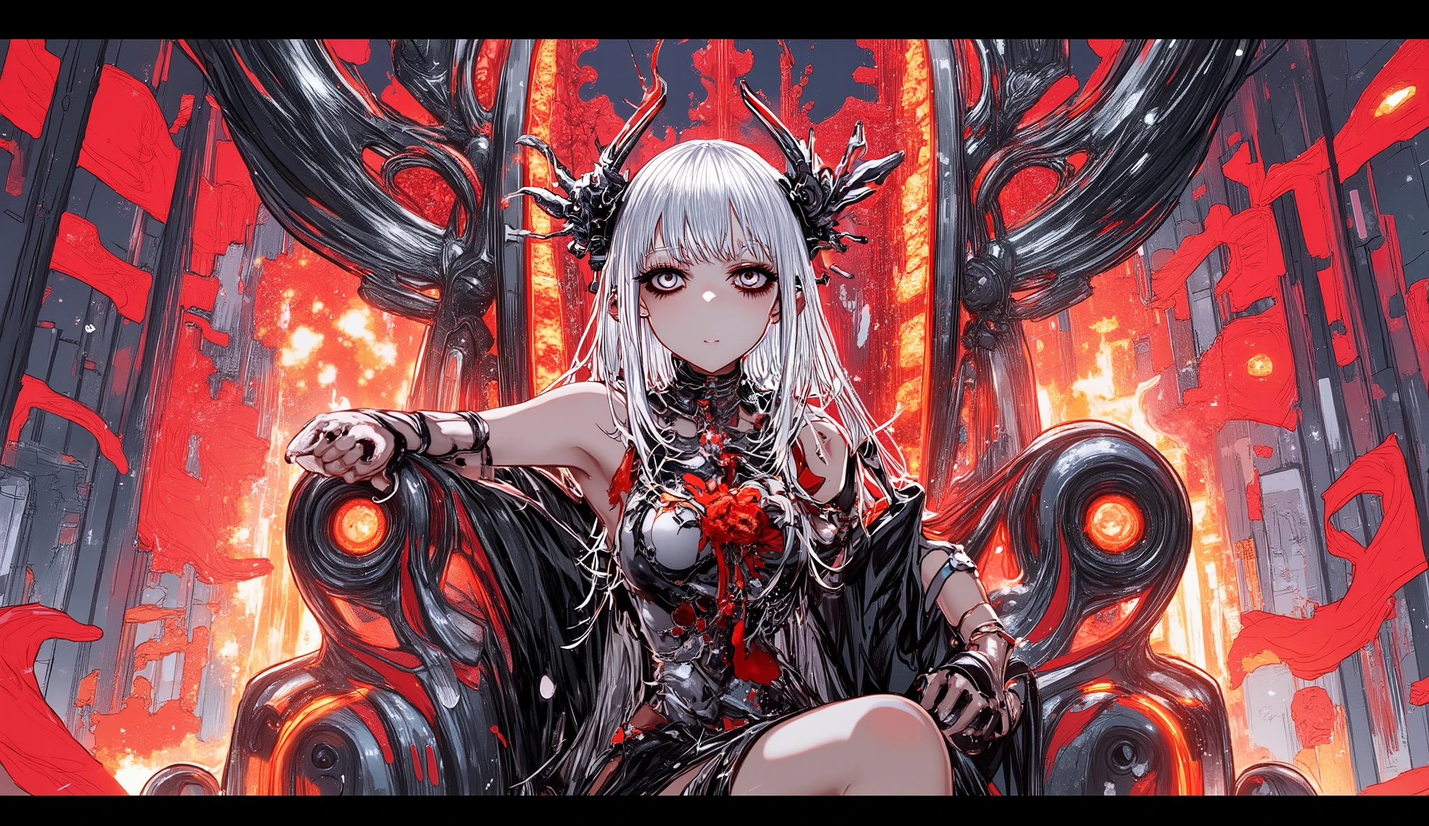 Anime-style portrait of a beautiful female oni sitting on a dark obsidian throne surrounded by fire and crimson mist.
She has long white hair, glowing red eyes, and elegant black and red armor with intricate patterns.
Two curved horns rise from her head.
Her expression is calm, regal, and slightly sorrowful — a queen who has conquered gods.
Background: ruined temple walls, floating embers, stormy red sky.
Cinematic lighting, high detail, dark fantasy aesthetic, upper-body focus, 16:9 aspect ratio.