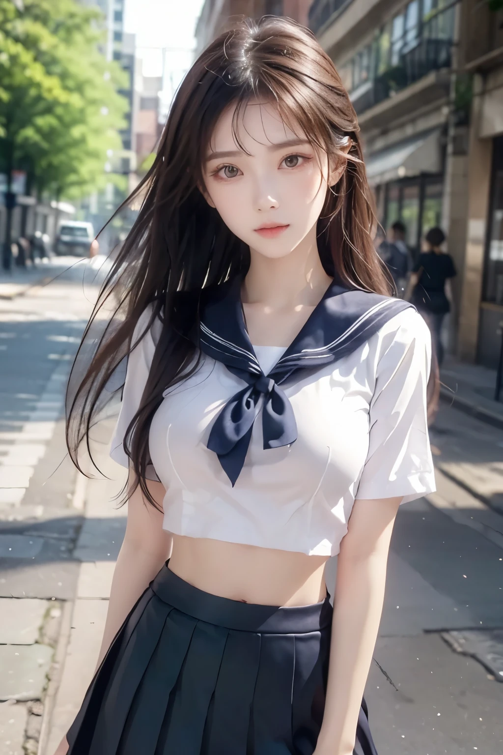 ( Super High Definition), (I'm looking over here), (school uniform:1.2, sailor suit, flared skirt), (Big Breasts:1.2), (Slimness:1.8), ( Read more:1.4), (thin thighs:1.4), ( thin hips:1.6), ( beautiful skin, shiny skin, white skin), (Super slim face, Super beautiful face, makeup, Smile :0.8), ( light brown hair, semi-long, layered cut , fluffy hair), ( big eyes:1.4, High corners of the eyes:1.6, double eyelids), (Thin eyebrows:0.1), ( small nose:0.6), ( thin lips:0.6), downtown