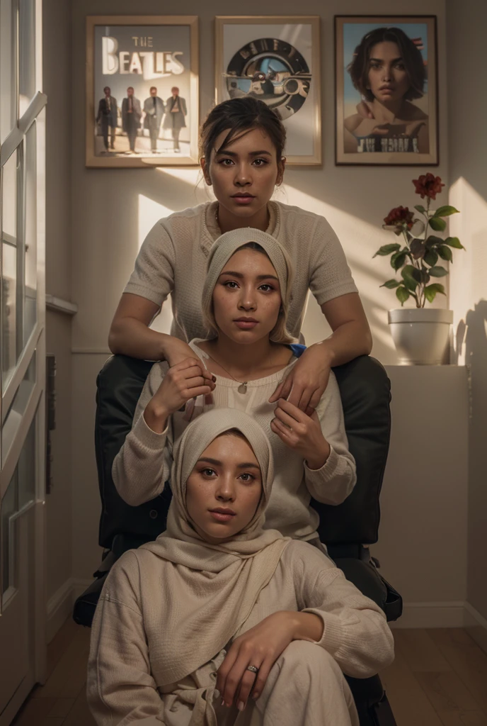 (1 mature girl), 48 years old, sitting on a chair in an office, ((wearing hijab)), wearing white long shirt, wearing fabric long pants, shot from above, wearing niqab, wearing mouth cover