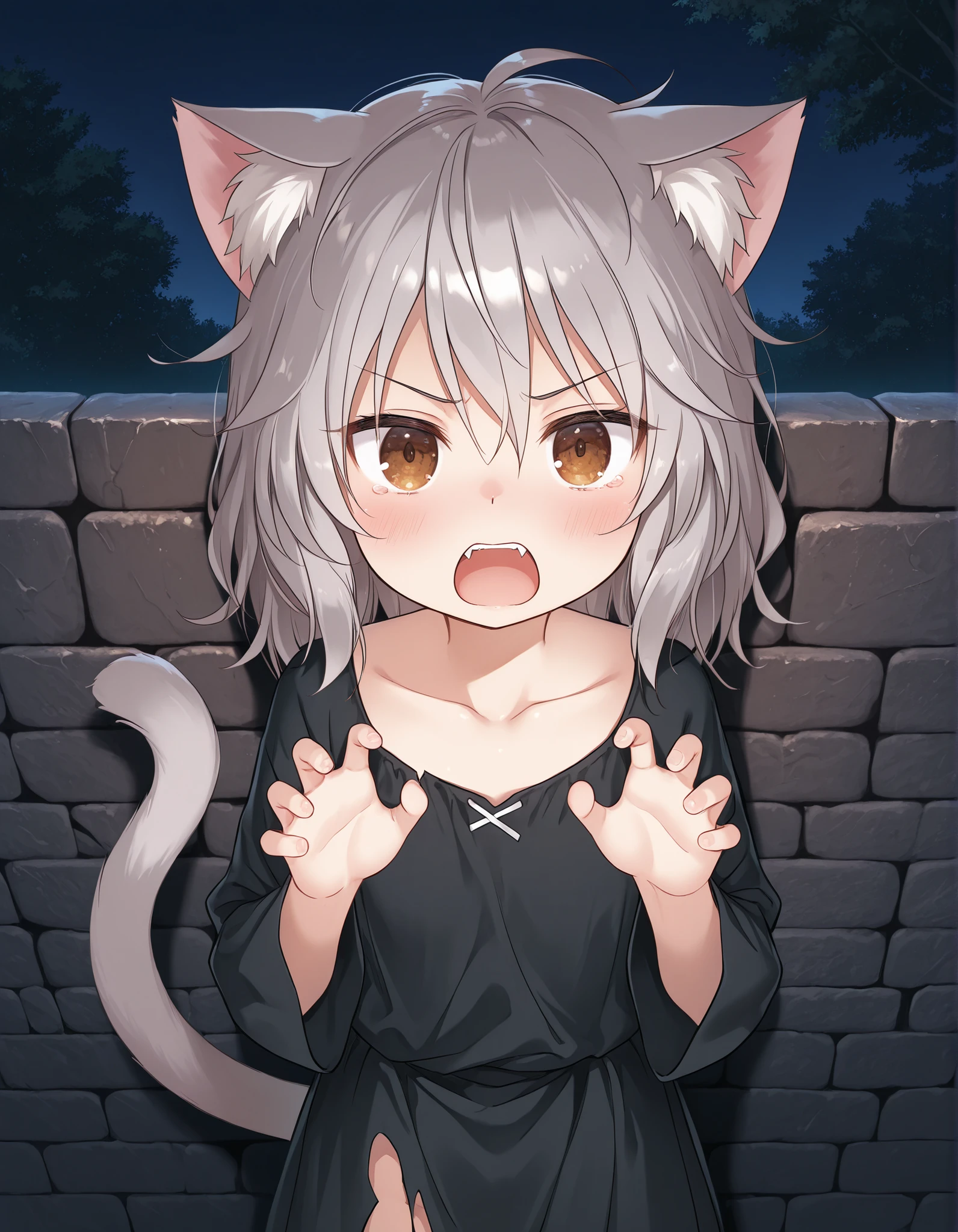 ,, 1girl, petite, (skinny and frail:0.7), cat girl, against wall, stone wall, brown eyes,looking at viewer, grey hair, medium hair, messy hair, angry, (scared:0.4), (open mouth:0.5), fangs, hands up, (tearing up:0.5), tail raised, torn clothes, straight-on, dark, night, outdoors, masterpiece,best quality, amazing quality,