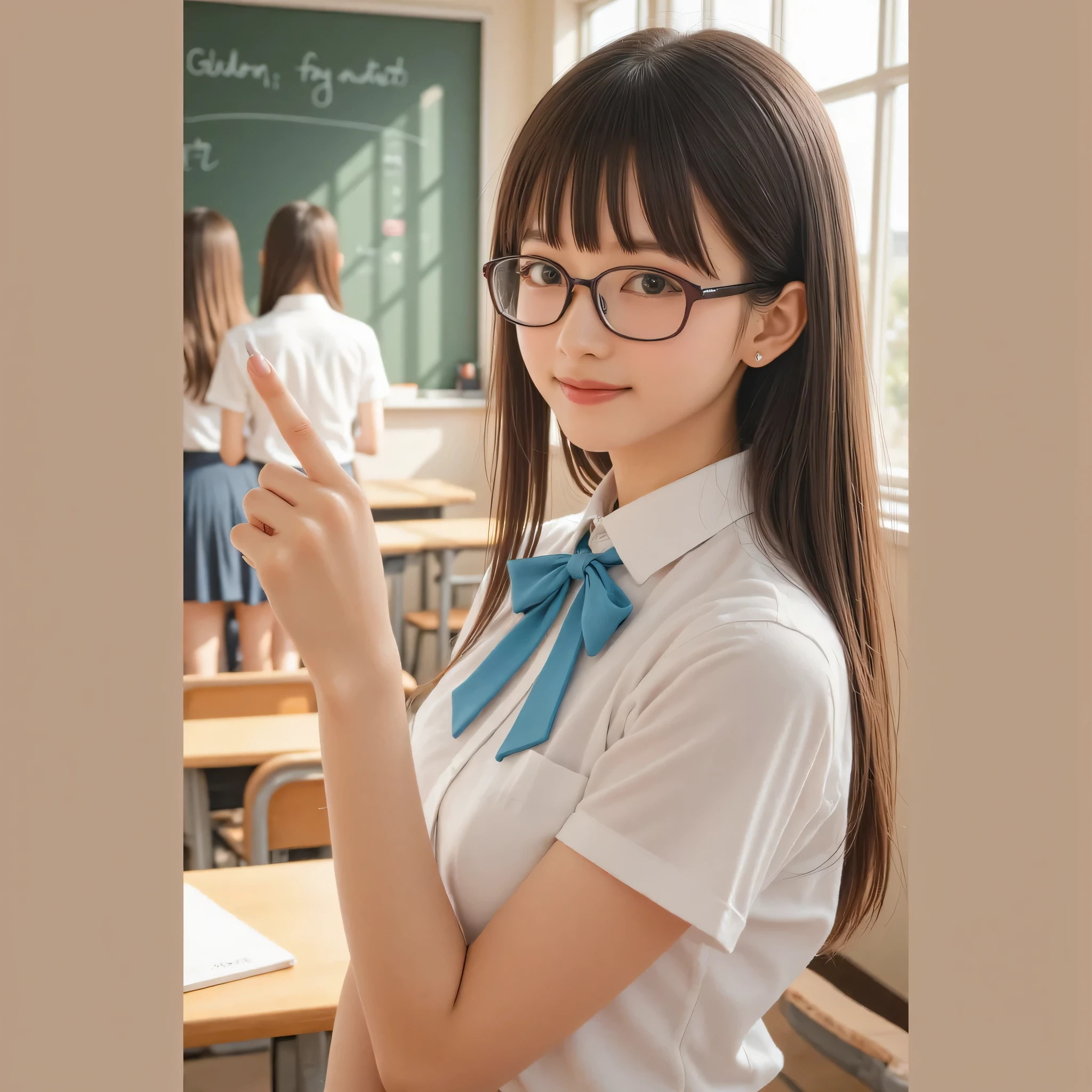 theme: "Disciplinary Committee"
a cheerful Japanese high school girl standing in front of a blackboard inside a bright classroom, wearing a school uniform with a neatly tied ribbon, glasses, and a confident smile, pointing or gesturing as if kindly scolding someone, lively and pop atmosphere, warm sunlight coming through the windows, soft pastel tones, anime-style illustration, detailed background, clean and bright composition, focus on her expressive eyes showing a hidden passion for order and rules