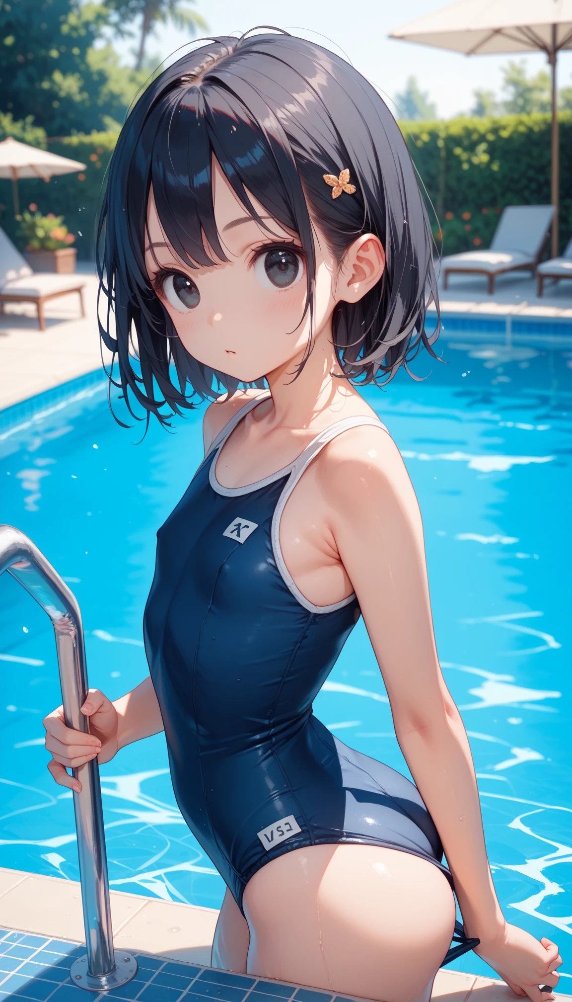 Highest quality、High resolution、Detailed Background、(Beautiful face in every detail:1.4)、Anatomically correct、(Detailed facial expressions)、(Fine grain:1.2)、Teenage Beauty、Cute hair colour、Braided bob cut、((armpit)),　Junior competitive swimmer, ((Turtleneck one-piece swimsuit)), Simple design without patterns, Clear sapphire glass swimsuit, Small breasts、Perfect body line、((Full body shot)), View your viewers, Poolside, Wet Skin, School swimming pool、 I'm tired from practice and a little sleepy., Shy laugh, Gentle smile、Hands behind the body,  Fun atmosphere、Cute gestures、Back