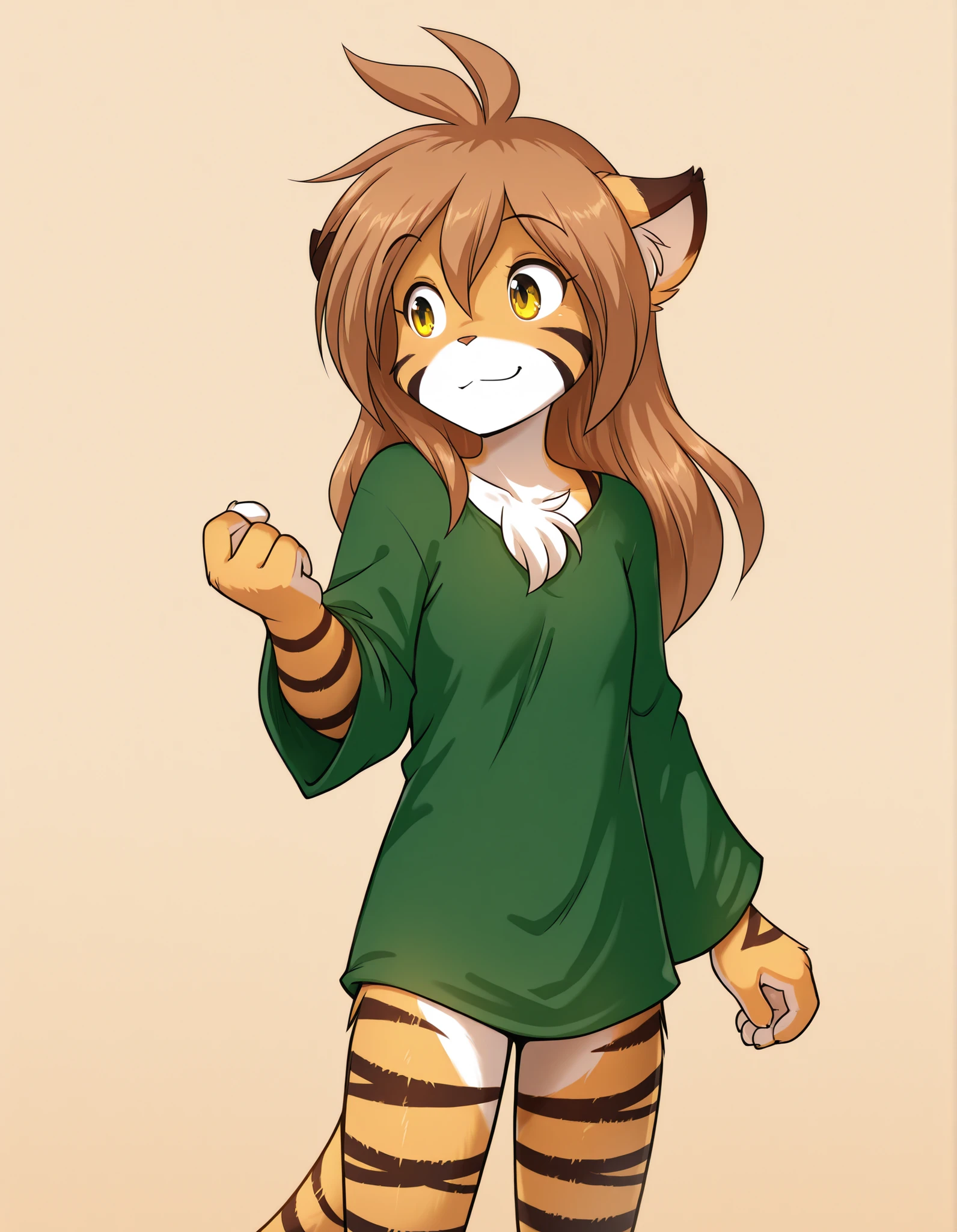 ,, furry, solo, flora-twokinds, flora_twokinds,, tiger, striped fur, keidran, yellow eyes, anthro, simple background,,, green shirt