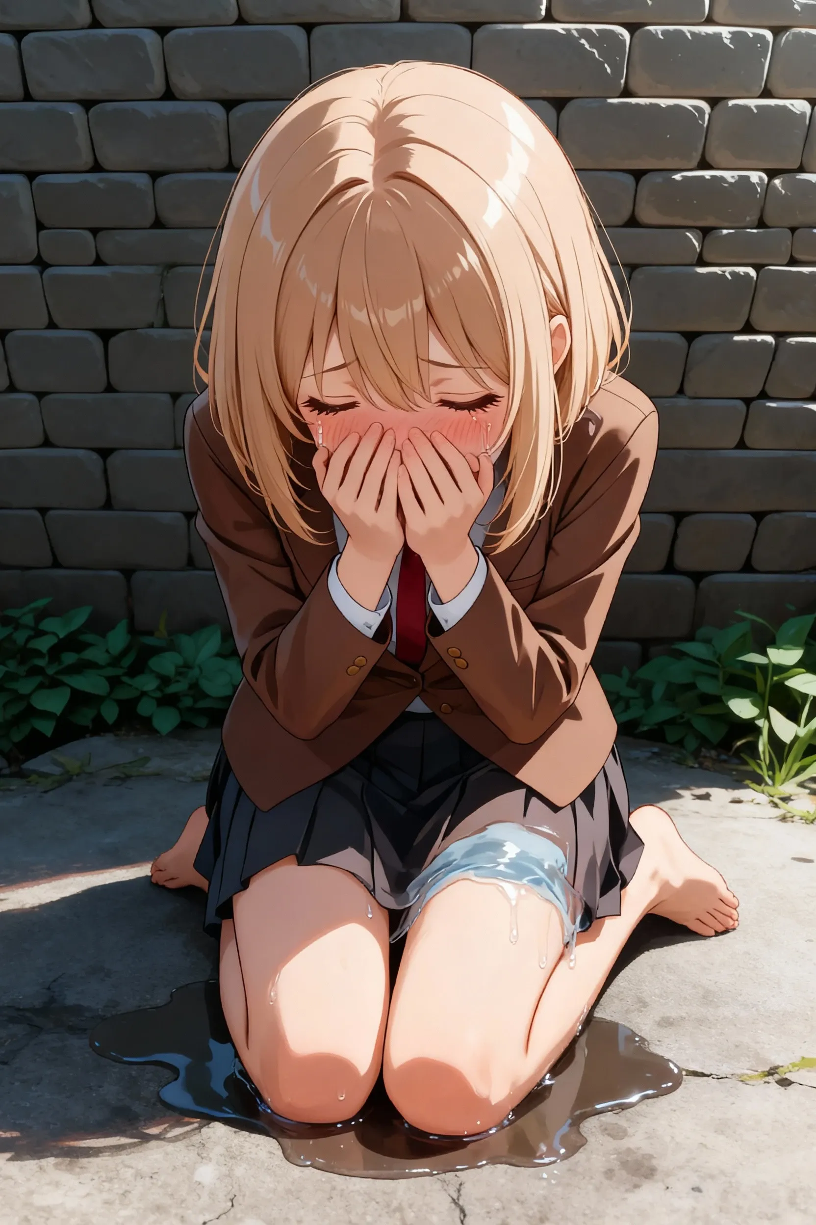 superfine illustration, Perfect ???????, Best Quality, Hires, amazing shading, Beautiful skin, 1 little girl, nose blush, Saliva, ???????,  Close eyes, ,School Uniforms ,  Full body, ???, Opening Mouth, touches ??????, (Rubbing the ?????? with your hands:1.2), (In the street:1.8), suggestive pose,spread ????????:1.8、Small