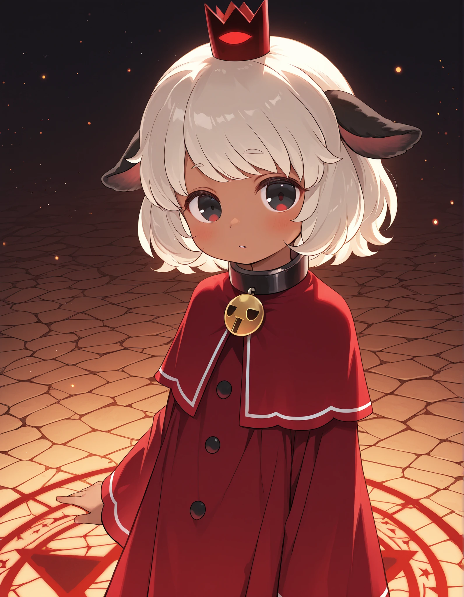 , masterpiece, best quality, very aesthetic, 1girl, solo, cult of the lamb, sheep girl, collar, horizontal pupils, red/black eyes, red crown,