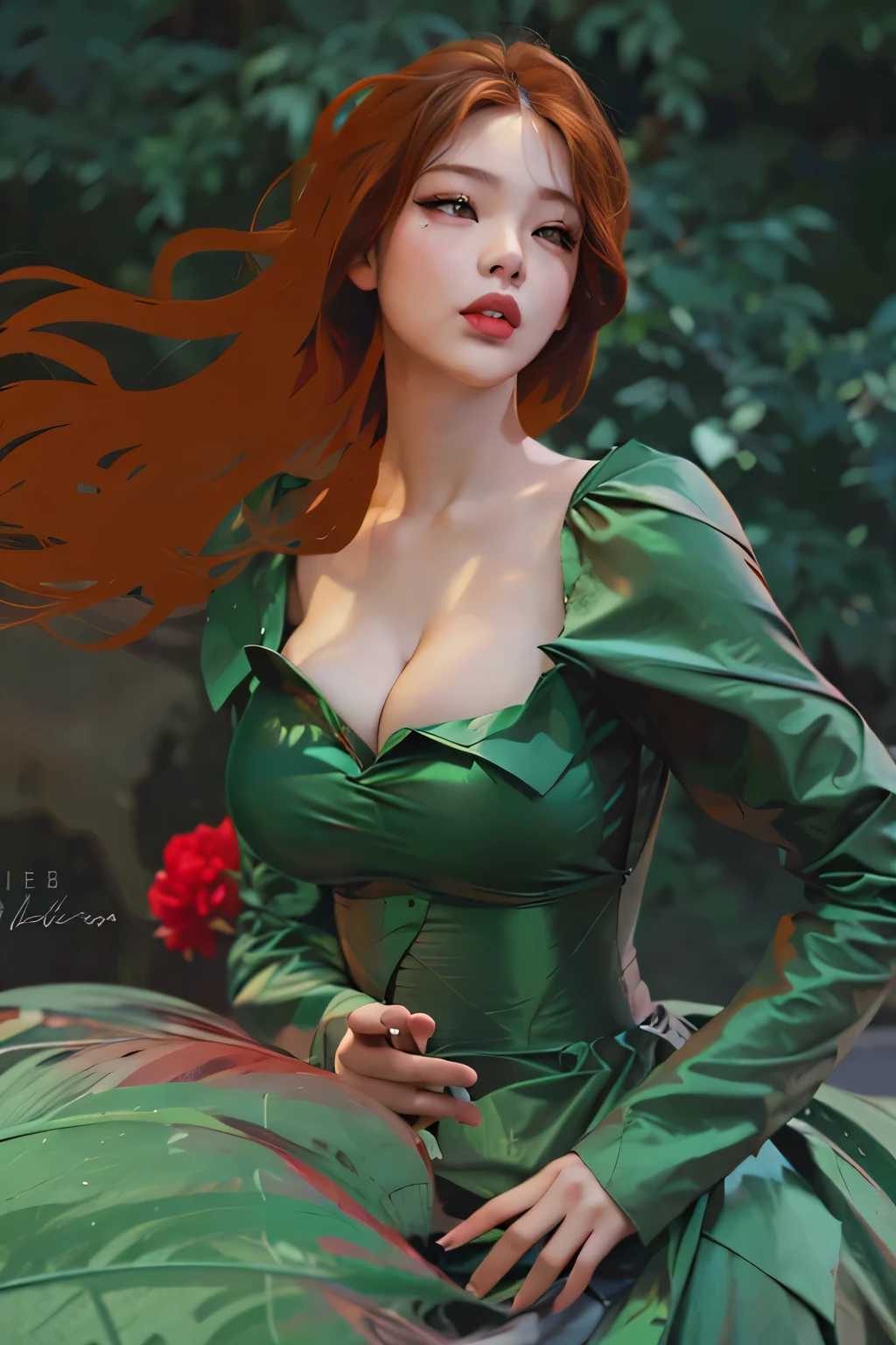 almond eyes,   full lips, large and voluptuous  . flirtatious look, , natural , natural fall, proportional ,  according to the position, LONG HAIR, dynamic hair, real hair 