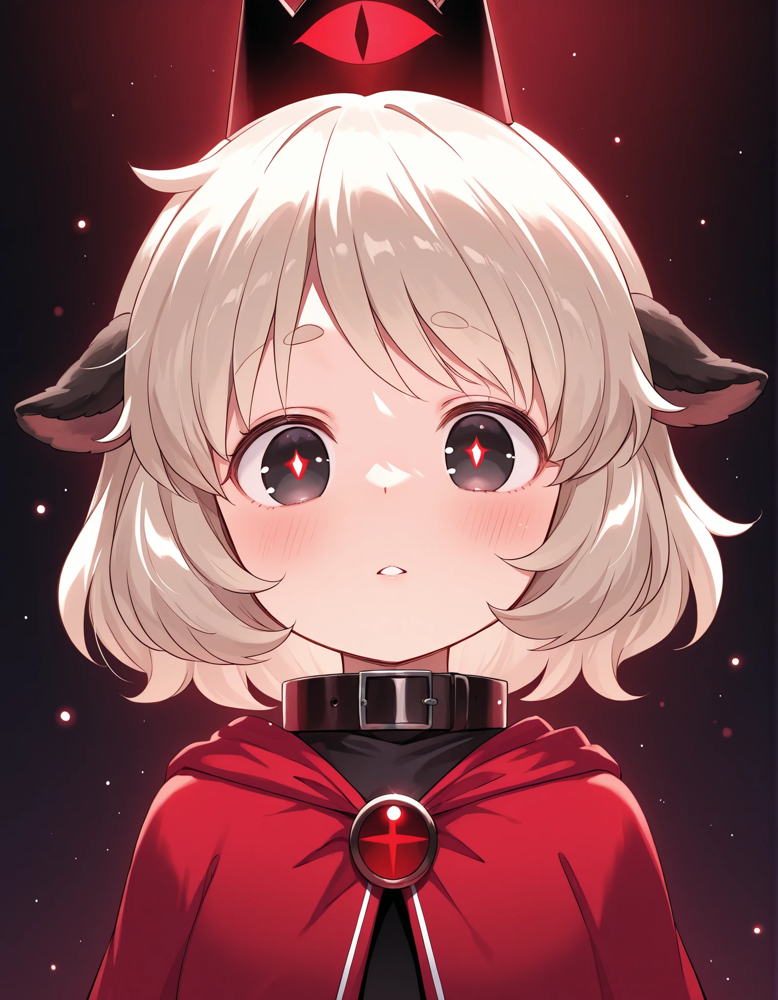 , masterpiece, best quality, very aesthetic, 1girl, solo, cult of the lamb, sheep girl, collar, horizontal pupils, red/black eyes, red crown,