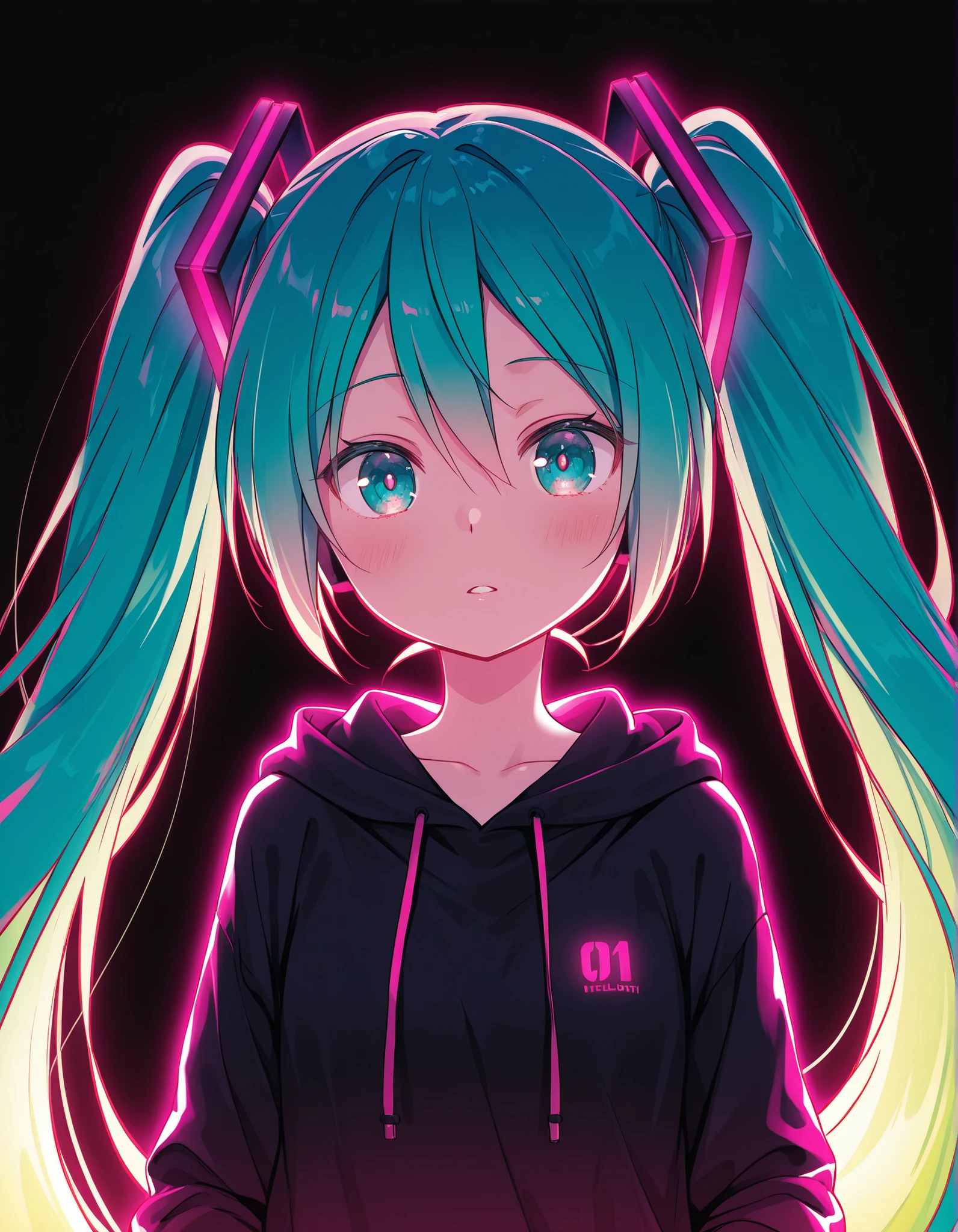 ,, Hatsune Miku,limited palette,black background,colorful,vibrant,glowing outline,neon,blacklight,looking at viewer, masterpiece, very aesthetic,