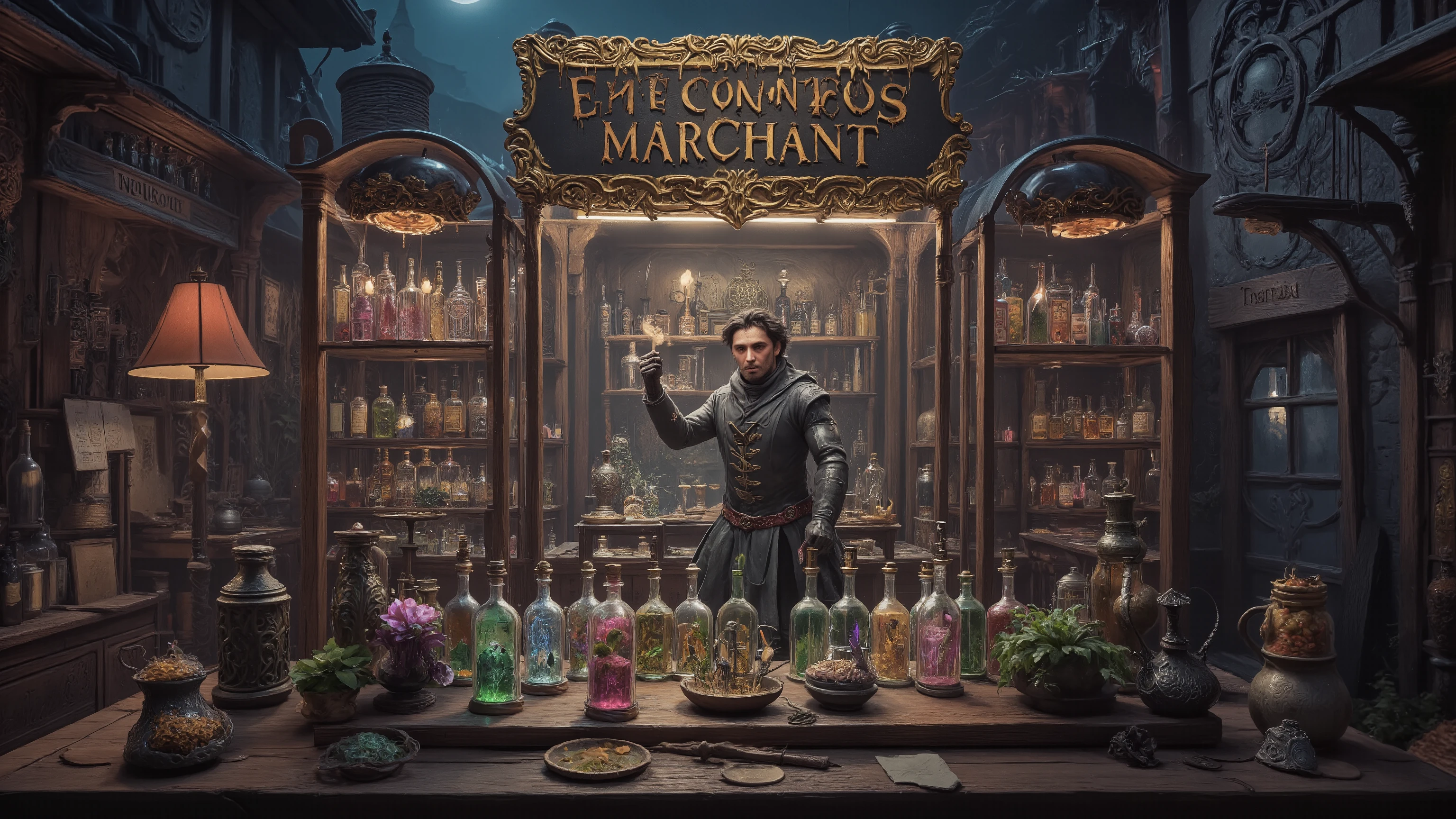 Potion Merchant - Every potion promises change, but the price is always hidden at the bottom of the bottle. mystical, magical, ray-tracing, UHD, HDR, 32K, masterpiece, award-winning.