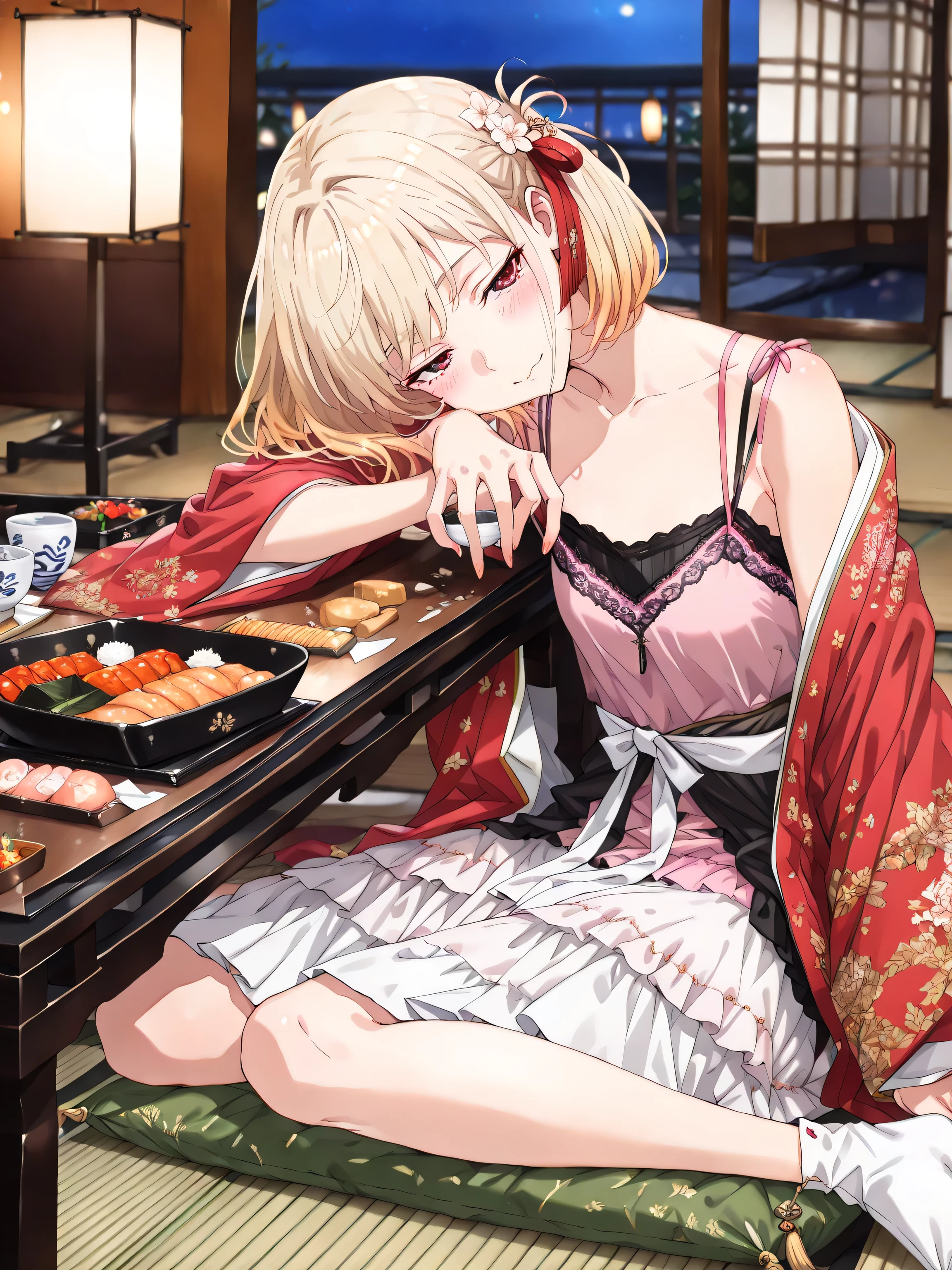 ((言語: 日本語、英語)、(Masterpiece), (Highest Quality), (High Score), (High Resolution),(4k),Uncensored,),
(This image generation is not NSFW!)
(中世の日本、(夏)、(夜)、（夜空）、(屋内)、1girl,,solo,),
(masterpiece, best quality, very aesthetic),
(,(Medieval japan,Japanese Luxury Hotel,, second floor, wooden structure, night, tatami mats, paper lanterns, folding screens),,(Shoji screen, open shoji screen, moonlight),(one small Cushion),,,(Luxurious meals, Japanese cuisine, small plates, sake cups),((small table,low-legged table,black low table),, table with food on it),(The table is side to the chair.),,(her hand holds a cup:1.4), (drinking:1.4),,BREAK,(Anatomically accurate structure),),
(丁寧な画像生成を行う！）、
((,BREAK,(an extremely cute and beautiful girl),(beautiful hair,Extremely delicate hair rendering,hairdetailer:1.5),(Thick outline:1),(detailed face:1.4),(deep detailed eyes:1.4),[(selective blur, sharp character, slightly blurred background elements),:1.4)][(Sidelight:1.4)],))
(This image generation is not NSFW!)
((,BREAK,mature woman,(Source Anime),Chisato Nishikigi, bangs, blonde hair, red eyes, hair ribbon, side-swept, bob cut, (Flower Hairpin),busty, [(gradient hair from blonde to light yellow:1.4)0.6],(Red kimono),(a single kimono,short kimono),( patterned kimono),, white obi sash, gold cord, ankle socks,(revealing clothes:0.8),((Layered camisole),Black camisole, pink camisole with embroidery),(busty),(medium hip),),((happy),half-closed eyes,blush,)sitting on the Cushion,(yokozuwari:1.4)(arm behind back:0.4),(head tilt:1.3),(Leaning against the table: 1.4),[sideways glance:],[face forcus:],[cowboy shot:1.4],,BREAK,[from side:1.5],,BREAK,[three-quarter view:0.6],),
(busty),
(accurate background depiction),
（ハイスコア）、（最上級の画像生成）、
(The correct number of fingers, five fingers),
(丁寧な画像生成を行う！）、
Medieval japan,japan style,

(Correct table structure, low leg table)
(Luxurious meals,on the table),
(This image generation is not NSFW!)
