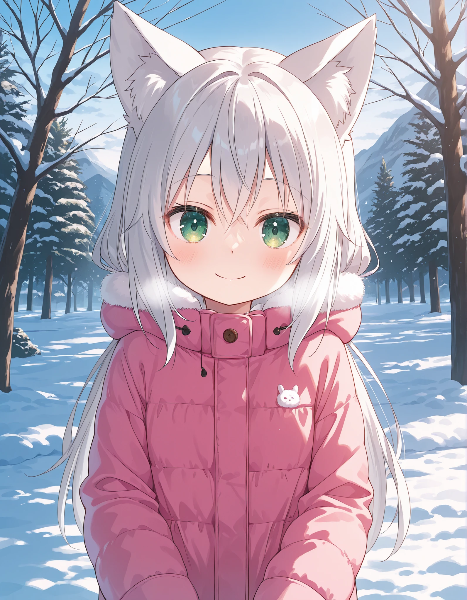 ,, anime, solo, BREAK, young fox girl, skinny and frail, (petite,cute:0.5), green eyes, looking at viewer, long hair, white hair, smile, winter clothes, outdoors, winter