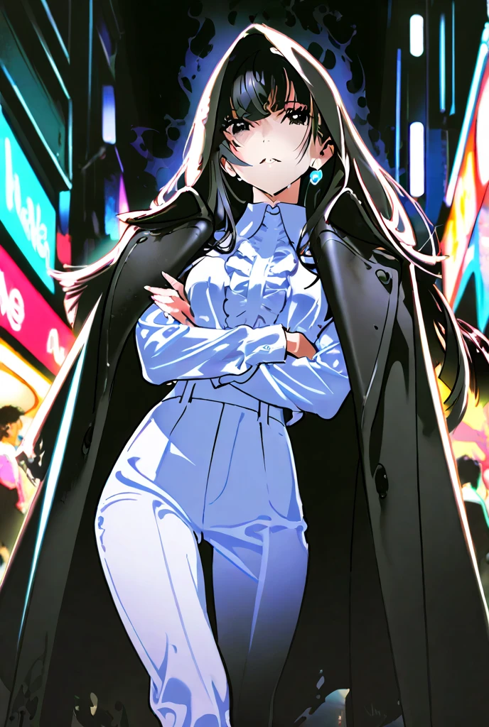 Phantom girl, solo, girl1, long black hair, . grey eyes, smile, white hair ornament, ghost logo, grey lips, sanpaku, belt, white cape, white gloves, best quality, masterpiece, cowboy shot, city, park