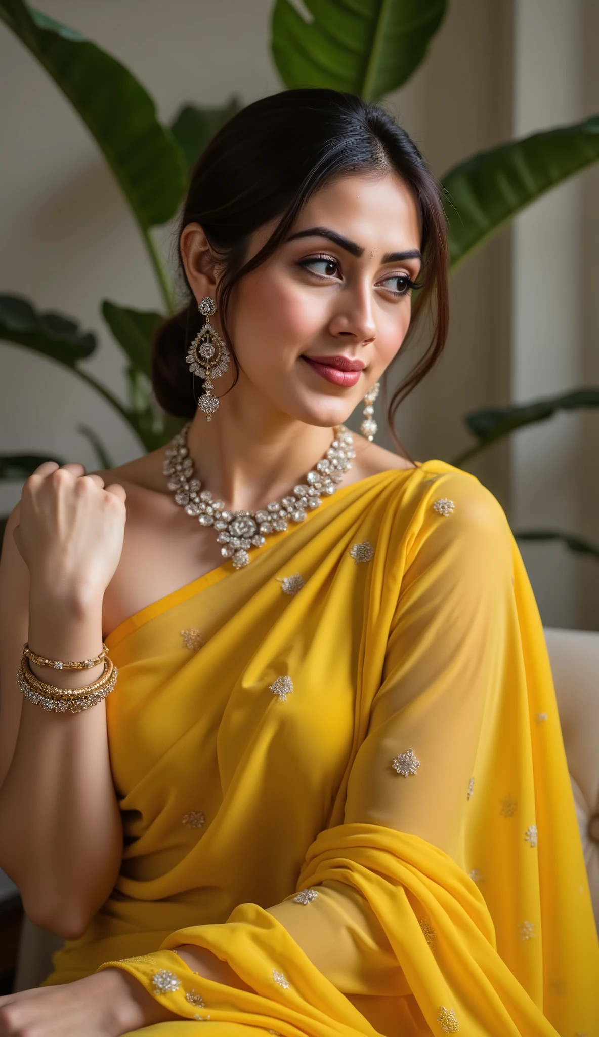 beautiful collarbone asian woman wearing yellow saree dress with diamond ornate, Beautiful Shadows, glamour look and elegant style with dynamic pose