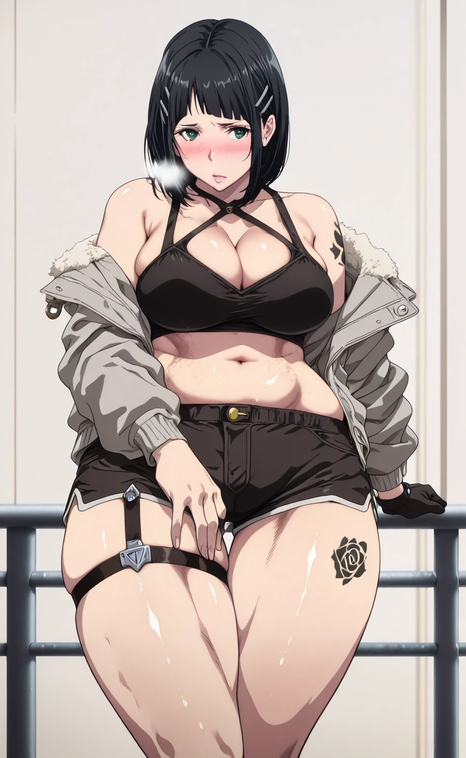 L_Cation2, Babu-style, Hgk, (cirenk-style:1.2), (suou-sensei-style:1.4), (saintshiro-style:1.2), (anegawa_eiji-style:1.3), (anime coloring, anime screencap), shiny skin, (voluptuous body:1.4), (mature female:1.4), (cellulite:1.3), ((anatomical correct)), ((newest, high quality, perfect composition, eye-catching, flat_colors, masterpiece)), perfect body, perfect eyes, perfect fingers, gasping, heavy breathing, gasping profusely, ((skindentation)), ((curvy, thigh gap)) suguha kirigaya, short hair, (black hair:1.3), hair ornament, hairclip, green eyes, mature female, bright pupils, ((flabby stomach)), plump, 1girl, breasts, solo, thighs, gloves, thick_thighs, navel, jacket, looking_at_viewer, thigh_strap, blush, tattoo, single_glove, shorts, cleavage, midriff, bare_shoulders, black_gloves, railing