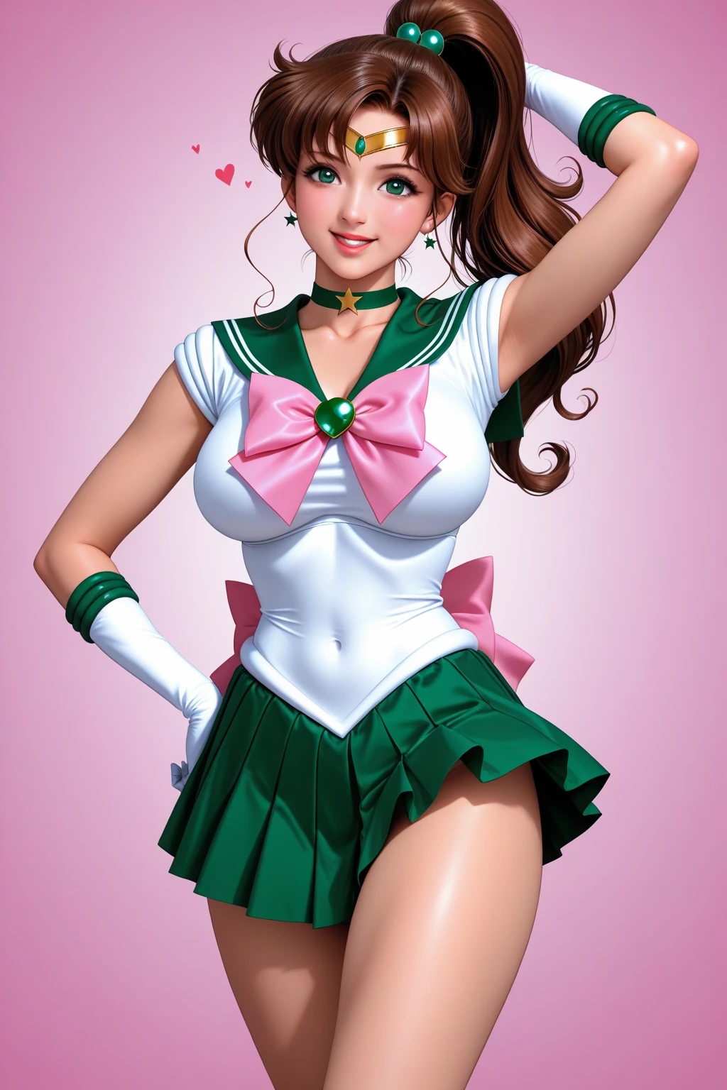 masterpiece, best quality, highres,  hmjupiter, green eyes, ponytail, tiara, jewelry, sailor senshi uniform, green sailor collar, choker, elbow gloves, white gloves, pink bow, brooch, leotard, green skirt, standing, cowboy shot, outdoors,gigantic , Hi3GB, giga_busty