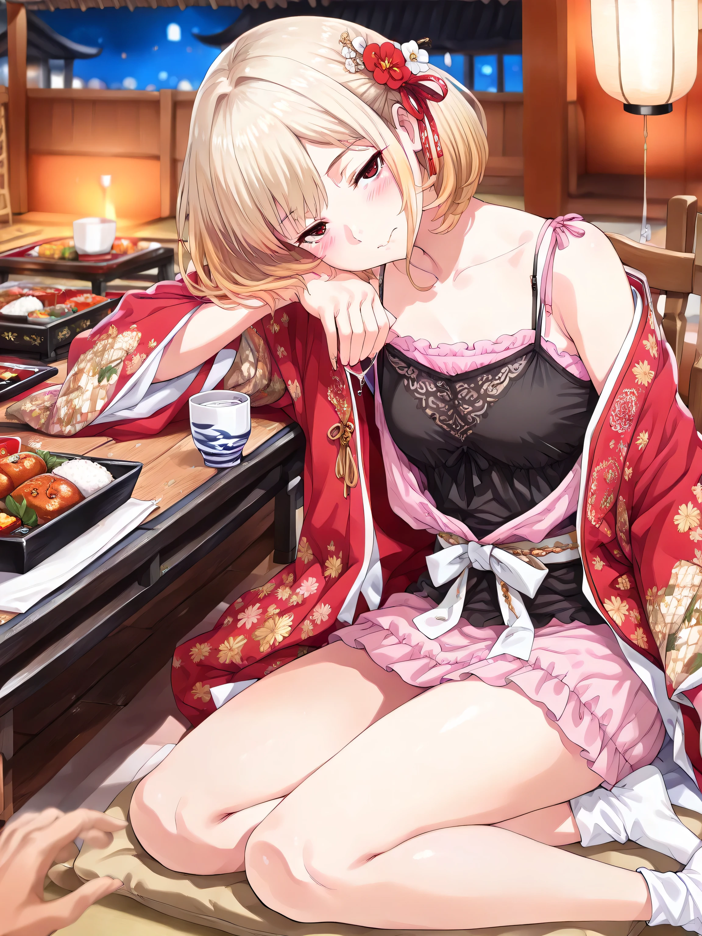 ((language: Japanese、English)、(Masterpiece), (Highest Quality), (High Score), (High Resolution),(4k),Uncensored,),
(Medieval Japan、(summer)、(night)、（night空）、(Indoor)、1girl,,solo,),(busty:1.4),
(masterpiece, best quality, very aesthetic),
(,(Medieval japan,Japanese Luxury Hotel,, second floor, wooden structure, night, tatami mats, paper lanterns, folding screens),,(Shoji screen, open shoji screen, moonlight),(one small Cushion),,,(Luxurious meals, Japanese cuisine, small plates, sake cups),((small table,low-legged table,black low table),, table with food on it),(The table is side to the chair.),,(her hand holds a cup:1.4), (drinking:1.4),,BREAK,(Anatomically accurate structure),),(mature woman),
((,BREAK,(an extremely cute and beautiful girl),(beautiful hair,Extremely delicate hair rendering,hairdetailer:1.5),(Thick outline:1),(detailed face:1.4),(deep detailed eyes:1.4),[(selective blur, sharp character, slightly blurred background elements),:1.4)][(Sidelight:1.4)],))
((,BREAK,mature woman,(Source Anime),Chisato Nishikigi, bangs, blonde hair, red eyes, hair ribbon, side-swept, bob cut, (Flower Hairpin),busty, [(gradient hair from blonde to light yellow:1.4)0.6],(Red kimono),(a single kimono,short kimono),( patterned kimono),, white obi sash, gold cord, ankle socks,(revealing clothes:0.8),((Layered camisole),Black camisole, pink camisole with embroidery),(busty),(medium hip),),((happy),half-closed eyes,blush,)sitting on the Cushion,(yokozuwari:1.4)(arm behind back:0.4),(head tilt:1.3),(Leaning against the table: 1.4),[sideways glance:],[face forcus:],[cowboy shot:1.4],,BREAK,[from side:1.5],,BREAK,[three-quarter view:0.6],),
(busty:1.4),
(accurate background depiction),
(The correct number of fingers, five fingers),
Medieval japan,japan style,
(Correct table structure, low leg table)
(Luxurious meals,on the table),(busty),
,(mature woman),
