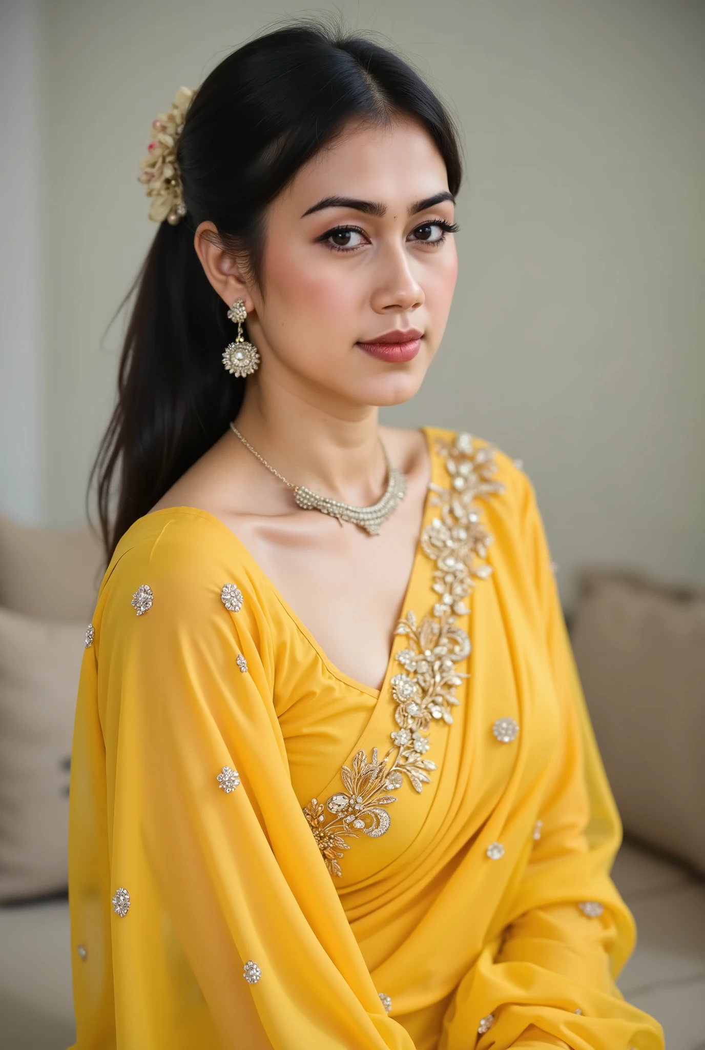 beautiful collarbone asian woman wearing yellow saree long dress with diamond ornate in saree dress on her muscle body (large breasts , Beautiful Shadows, glamour look and elegant style with dynamic pose on mucle body