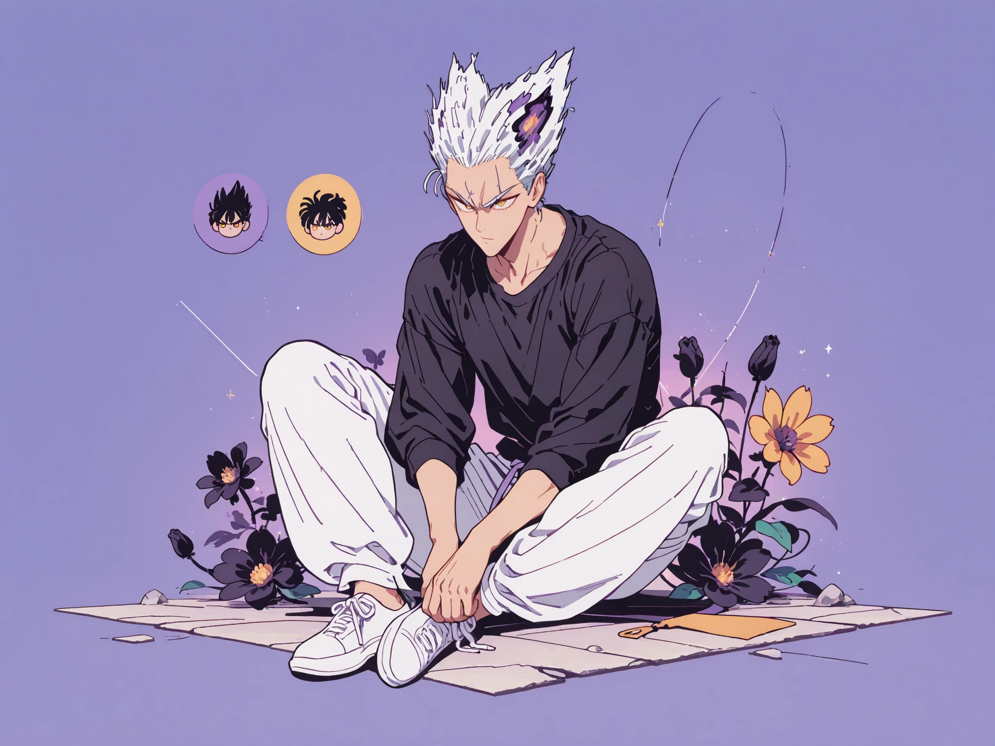 Anime character sitting on the floor on a purple background, 마법 회전 그림 속 handsome man, color dispersion, Magical Rotation Style, handsome , Former Devil King , Detailed Fan Art , 풀 컬러 illustration레이션 , Clean Line Drawing and Color , 죽음의 아름다운 man, Great Character Design, Dark Flower Xiamen, Krenz Cushart and Asher Duran One Punch Man Garo, Immaculate appearance, silver hair, sharp eyesight, close-up. torn tops, Relaxing appearance. dramatic contrast, High quality animation art style, fine skin texture, Perfect Composition. yellow eyes., man, UHD, masterpiece, intricate details, high resolution
hyper detail super detail, highres high resolution, high quality, finely detailed beautiful eyes and detailed face, best quality, 4k, masculine, full body, 18 years old, young man, young, A healthy body with body proportions revealed between exemplary, adult, white pants, Black tee, Oll white hair, yellow eyes, flat shoes, Background of cracks, Referring to Murata's picture, illustration, fan art