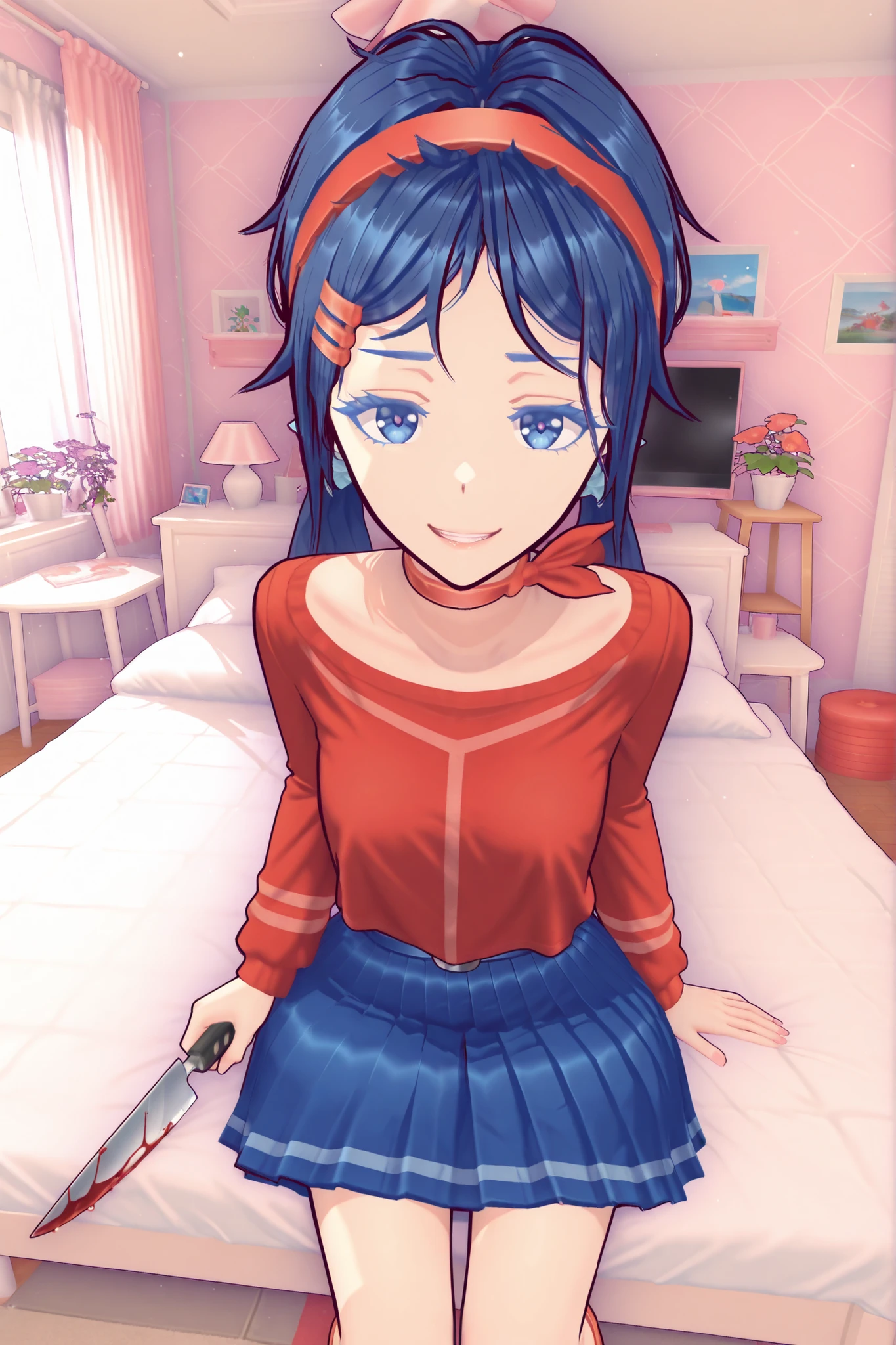 Miside, Mita crazy in her classic red outfit and blue skirt she is sitting on the bed cross-legged looking at the spectator with a naughty face and a provocative pose she is holding a knife all in blood, Scenery in her bedroom in Miside extremely detailed image 