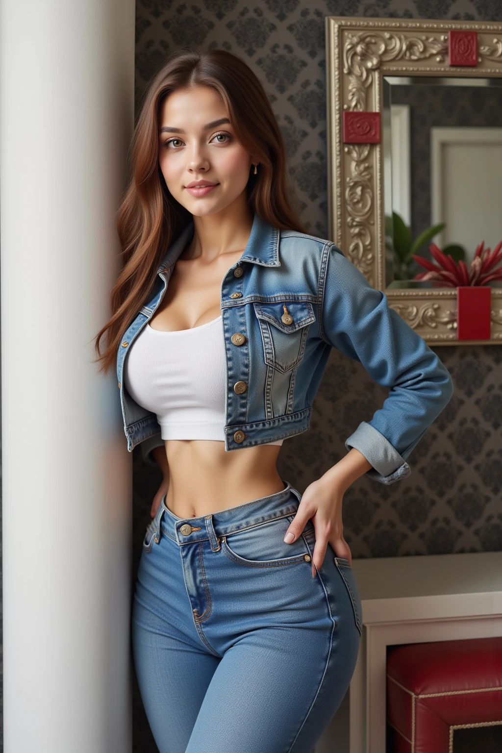 ((Realistic lighting, Best quality, 8K, Masterpiece, full body portrait: 1.3)), full body. Super sexy. sexy top ,denim_shorts, short_shorts, sharp focus: 1.2, 1girl, Perfect Figure: 1.4, Slim Abs: 1.1, hips, slim thighs, thigh gap, ((Dark brown hair)), (button blouse: 1.4), Super fine face, Fine eyes, Double eyelids, sexy slim woman posing outdoor,  a portrait inspired by Gina Pellón, instagram, violet myers, lorena avarez, olivia culpo, alanis guillen, looks like laura barriales, portrait sophie mudd, tanned ameera al taweel, beautiful spanish woman