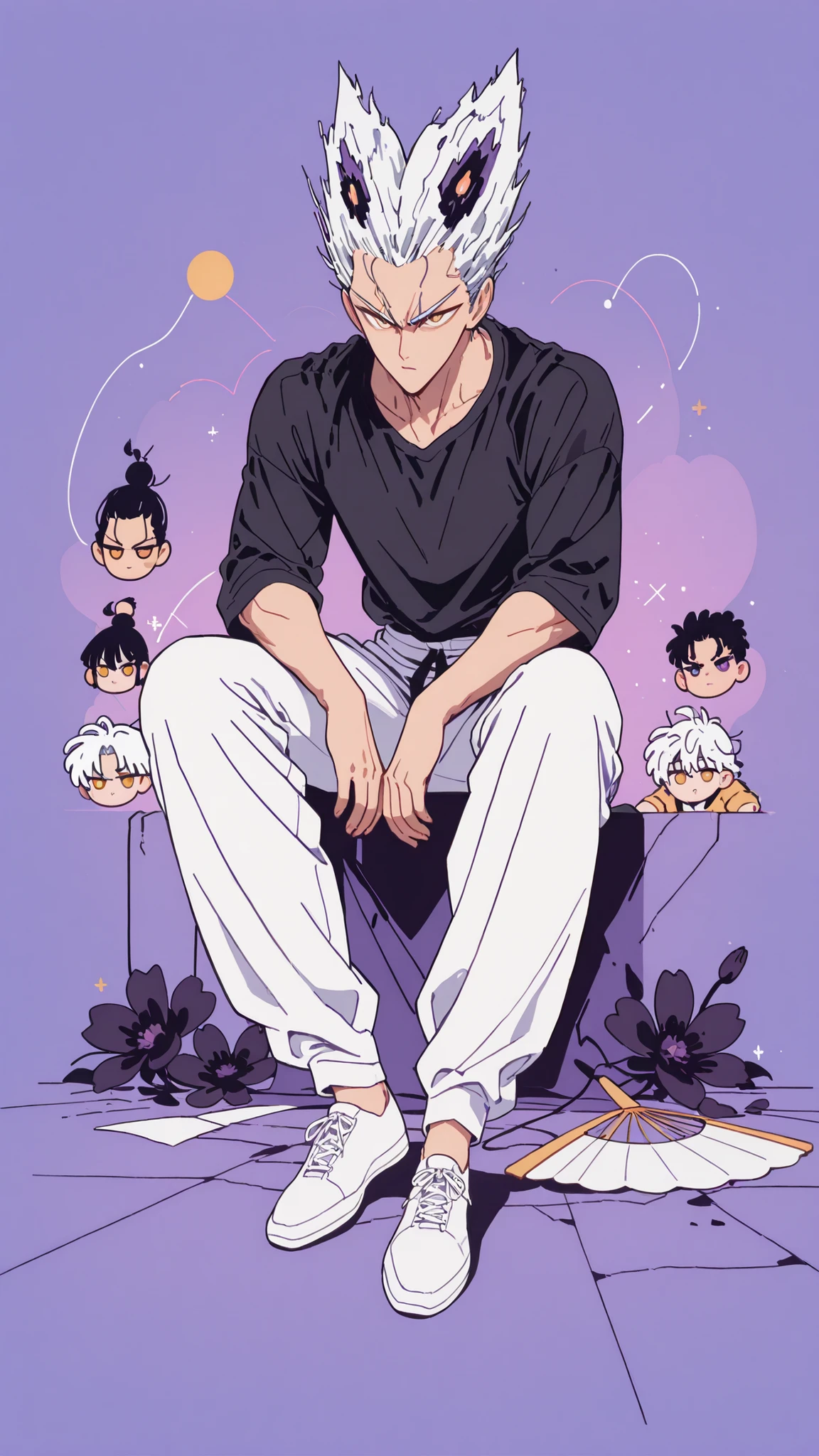 Anime character sitting on the floor on a purple background, 마법 회전 그림 속 handsome man, color dispersion, Magical Rotation Style, handsome , Former Devil King ,   Detailed Fan Art  ,  풀 컬러 illustration레이션 , Clean Line Drawing and Color , 죽음의 아름다운 man, Great Character Design, Dark Flower Xiamen, Krenz Cushart and Asher Duran One Punch Man Garo, Immaculate appearance, silver hair, sharp eyesight, close-up. torn tops, Relaxing appearance. dramatic contrast, High quality animation art style, fine skin texture,  Perfect Composition. yellow eyes., man, UHD, masterpiece, intricate details, high resolution
hyper detail super detail, highres high resolution, high quality, finely detailed beautiful eyes and detailed face, best quality, 4k, masculine, full body,  18 years old,  young man, young, A healthy body with body proportions revealed between exemplary, adult, white pants, Black tee,Neat oll white hair, yellow eyes, flat shoes, Background of cracks, Referring to Murata's picture,  illustration, fan art