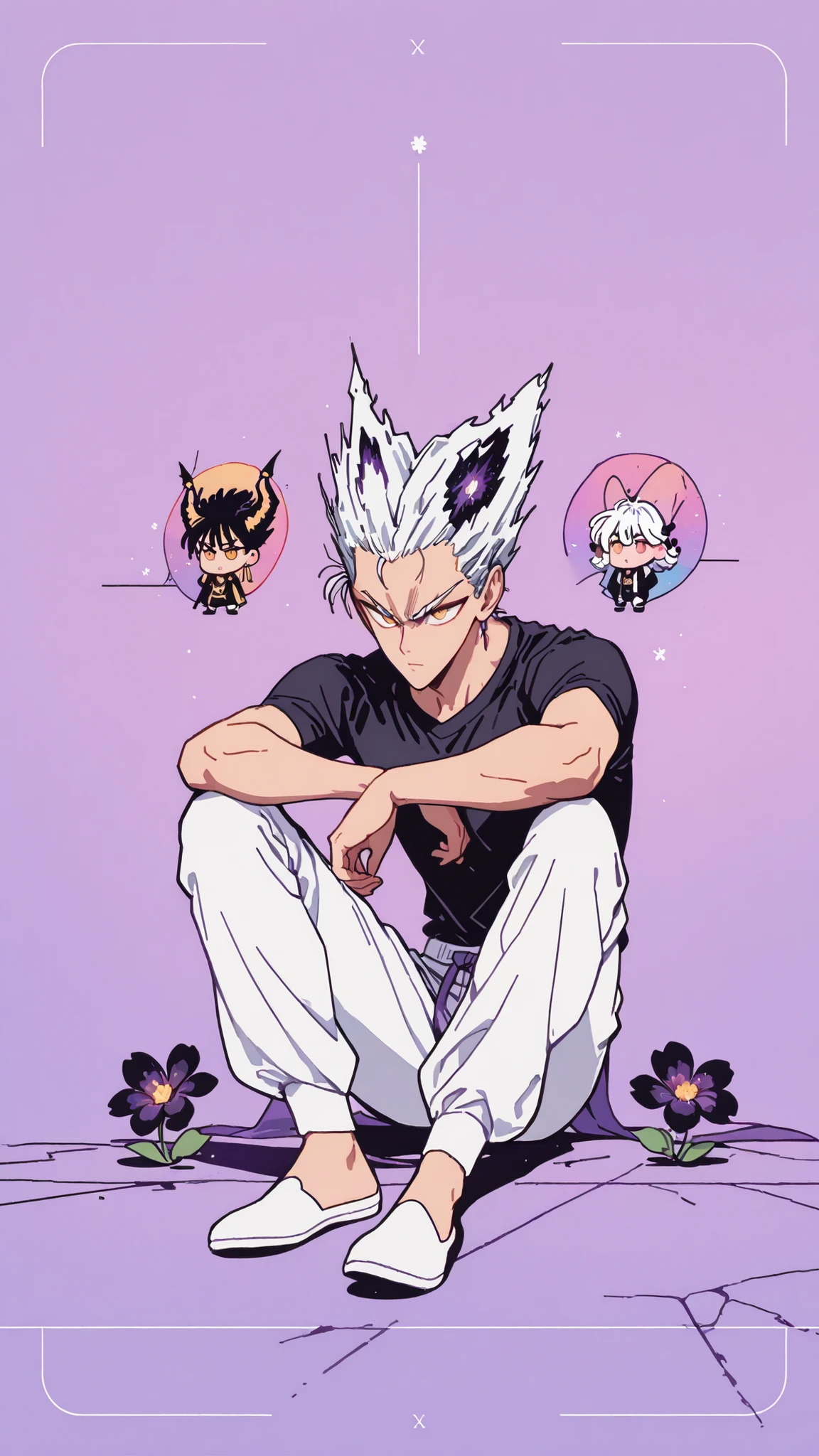 Anime character sitting on the floor on a purple background, 마법 회전 그림 속 handsome man, color dispersion, Magical Rotation Style, handsome , Former Devil King , Detailed Fan Art , 풀 컬러 illustration레이션 , Clean Line Drawing and Color , 죽음의 아름다운 man, Great Character Design, Dark Flower Xiamen, Krenz Cushart and Asher Duran One Punch Man Garo, Immaculate appearance, silver hair, sharp eyesight, close-up. torn tops, Relaxing appearance. dramatic contrast, High quality animation art style, fine skin texture, Perfect Composition. yellow eyes., man, UHD, masterpiece, intricate details, high resolution
hyper detail super detail, highres high resolution, high quality, finely detailed beautiful eyes and detailed face, best quality, 4k, masculine, full body, 18 years old, young man, young, A healthy body with body proportions revealed between exemplary, adult, white pants, Black tee,Neat oll white hair, yellow eyes, flat shoes, Background of cracks, Referring to Murata's picture, illustration, fan art