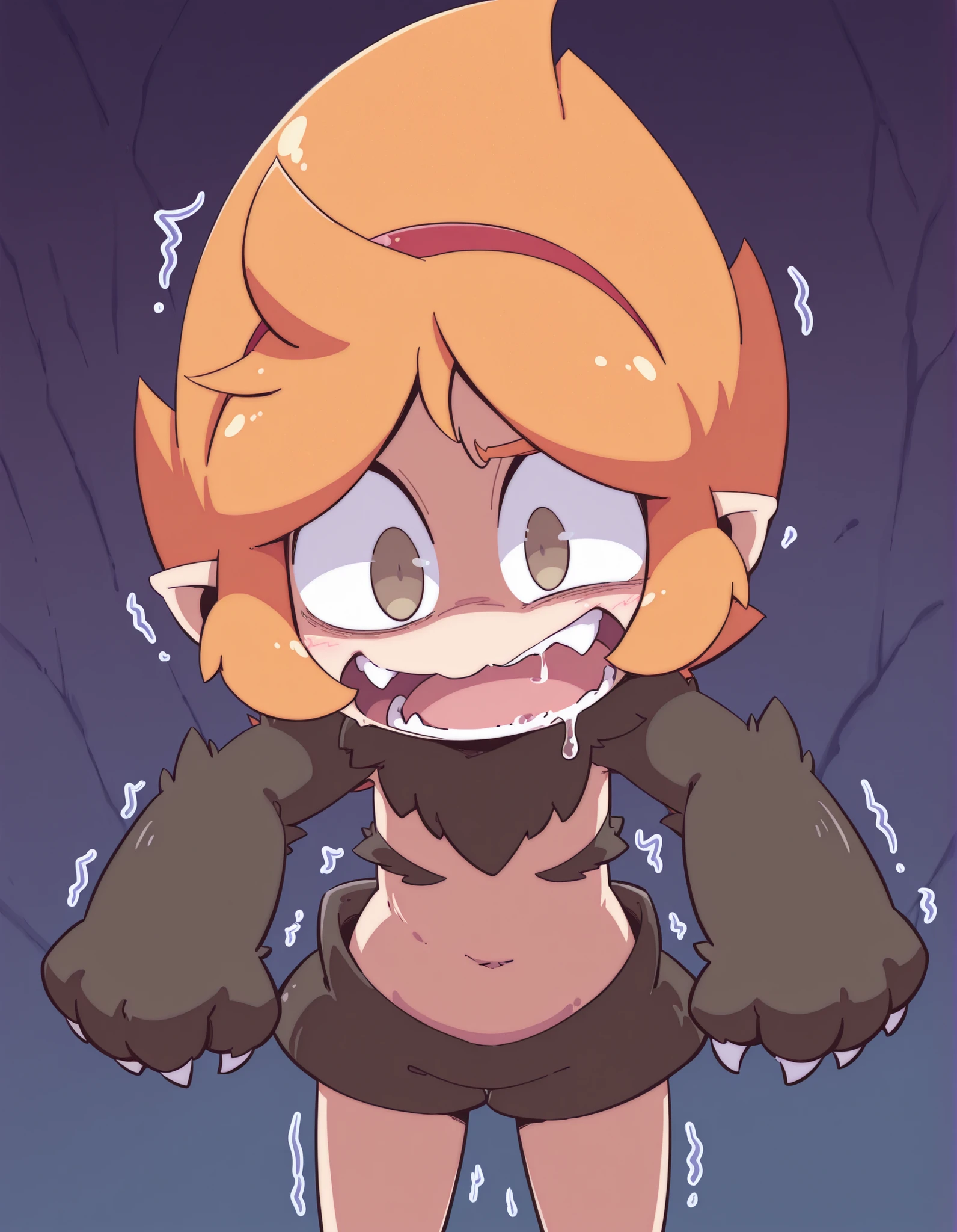 nettsuu_style,, illuelely,, 1girl, solo, (masterpiece), best quality, expressive eyes, perfect face, pointy ears, orange hair, short hair, hairband, brown eyes, (((more revealing werewolf outfit))), ((( super ))), halloween night background,, motion lines, trembling, open mouth, saliva, drooling,