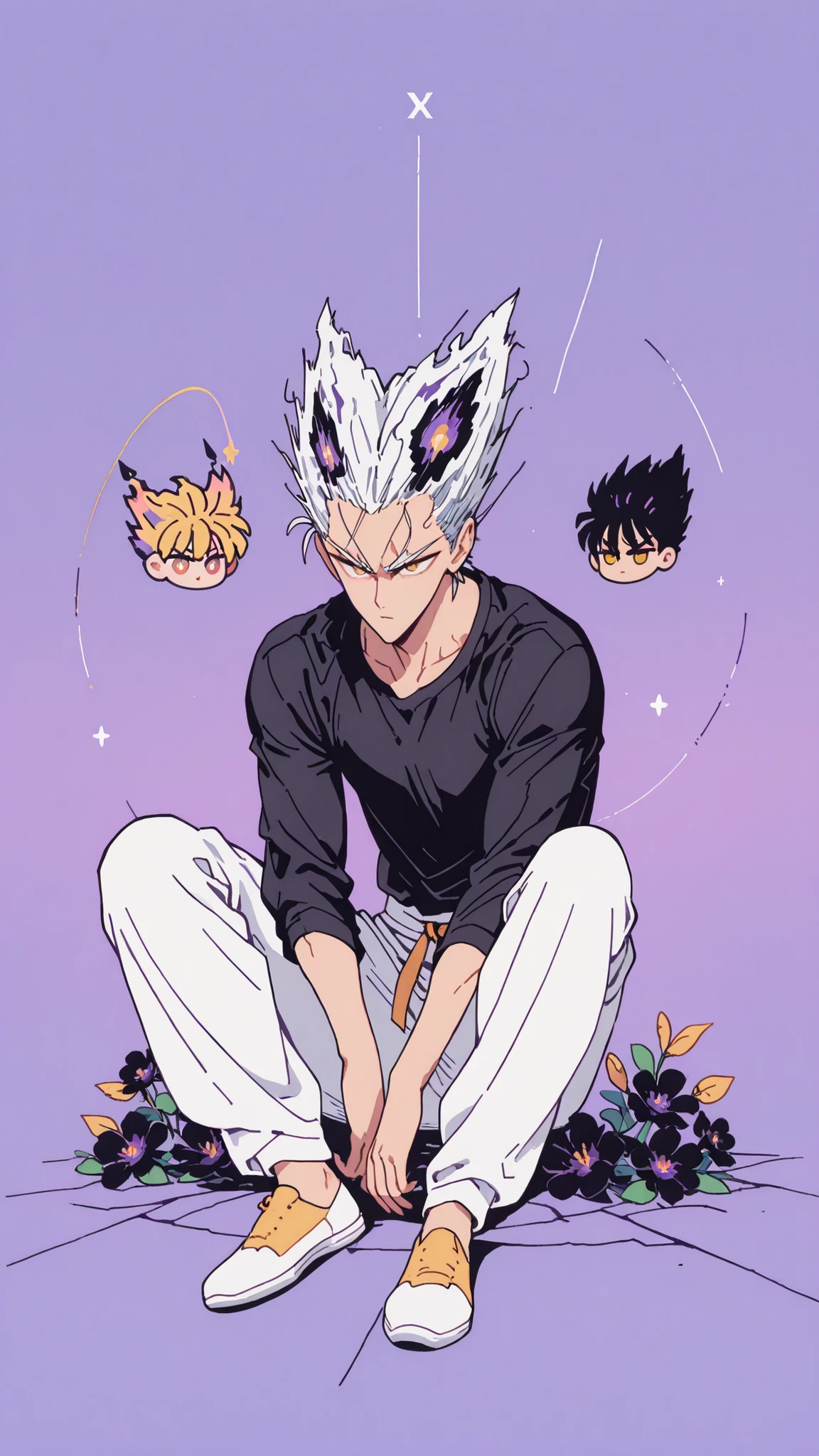 Anime character sitting on the floor on a purple background, 마법 회전 그림 속 handsome man, color dispersion, Magical Rotation Style, handsome , Former Devil King , Detailed Fan Art , 풀 컬러 illustration레이션 , Clean Line Drawing and Color , 죽음의 아름다운 man, Great Character Design, Dark Flower Xiamen, Krenz Cushart and Asher Duran One Punch Man Garo, Immaculate appearance, silver hair, sharp eyesight, close-up. torn tops, Relaxing appearance. dramatic contrast, High quality animation art style, fine skin texture, Perfect Composition. yellow eyes., man, UHD, masterpiece, intricate details, high resolution
hyper detail super detail, highres high resolution, high quality, finely detailed beautiful eyes and detailed face, best quality, 4k, masculine, full body, 18 years old, young man, young, A healthy body with body proportions revealed between exemplary, adult, white pants, Black tee,Neat oll white hair, yellow eyes, flat shoes, Background of cracks, Referring to Murata's picture, illustration, fan art