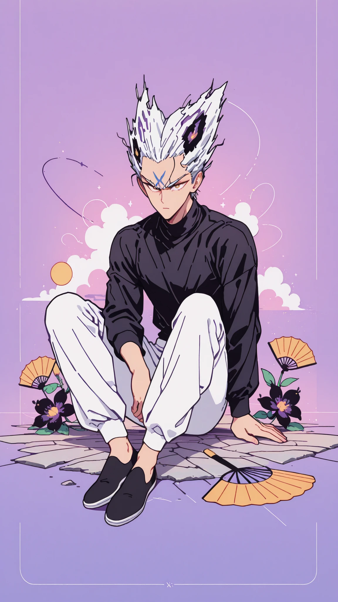 Anime character sitting on the floor on a purple background, 마법 회전 그림 속 handsome man, color dispersion, Magical Rotation Style, handsome , Former Devil King , Detailed Fan Art , 풀 컬러 illustration레이션 , Clean Line Drawing and Color , 죽음의 아름다운 man, Great Character Design, Dark Flower Xiamen, Krenz Cushart and Asher Duran One Punch Man Garo, Immaculate appearance, silver hair, sharp eyesight, close-up. torn tops, Relaxing appearance. dramatic contrast, High quality animation art style, fine skin texture, Perfect Composition. yellow eyes., man, UHD, masterpiece, intricate details, high resolution
hyper detail super detail, highres high resolution, high quality, finely detailed beautiful eyes and detailed face, best quality, 4k, masculine, full body, 18 years old, young man, young, A healthy body with body proportions revealed between exemplary, adult, white pants, Black tee,Neat oll white hair, yellow eyes, simple black flat shoes, Background of cracks, Referring to Murata's picture, illustration, fan art, Relaxed look