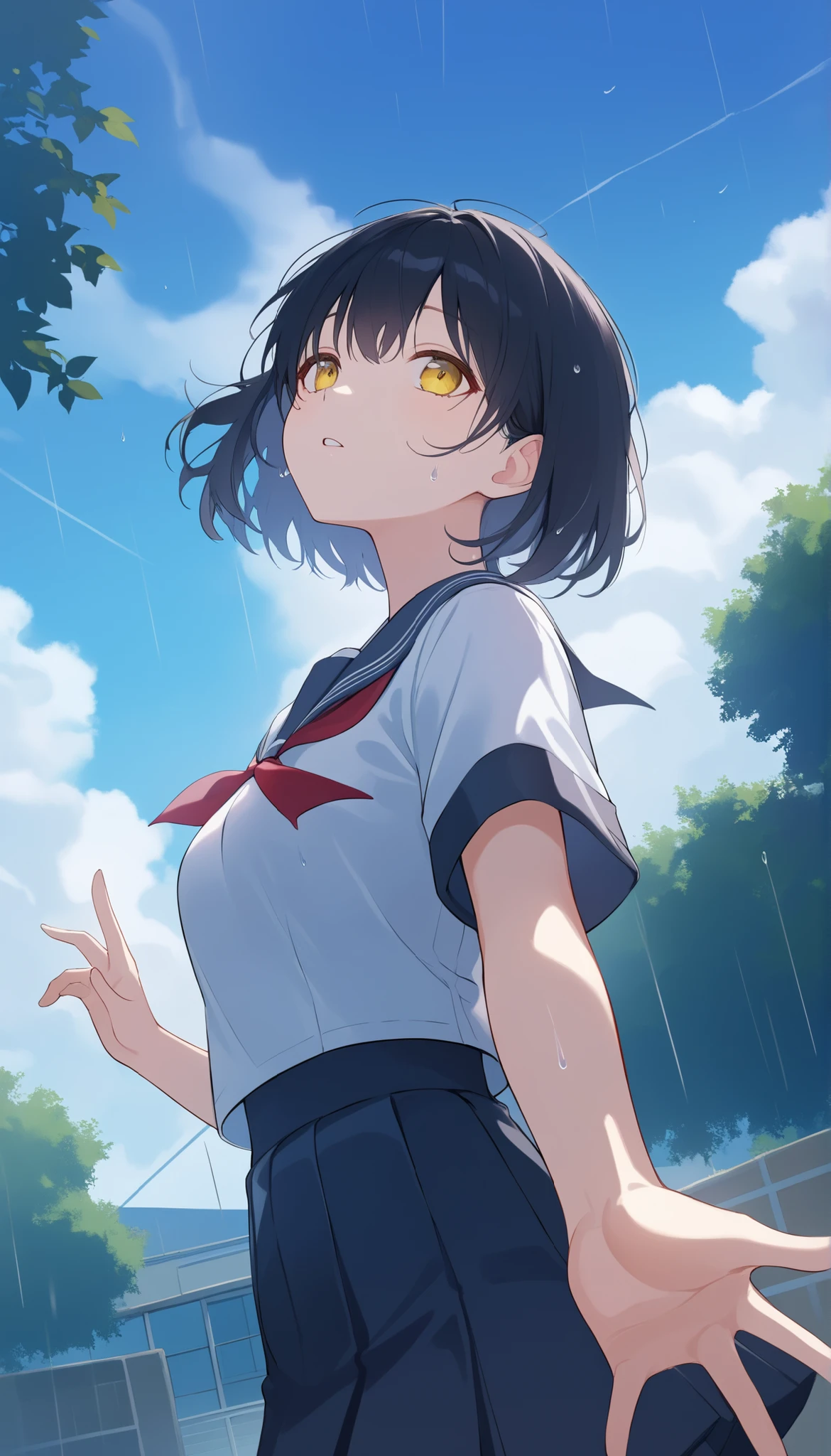 a landscape after the rain, outdoor, outside,look up at a clear sky,create a bright image that makes you feel a new beginning, black short hair, yellow eyes, summer, korean highschool uniform, One hand stretched out to the sky