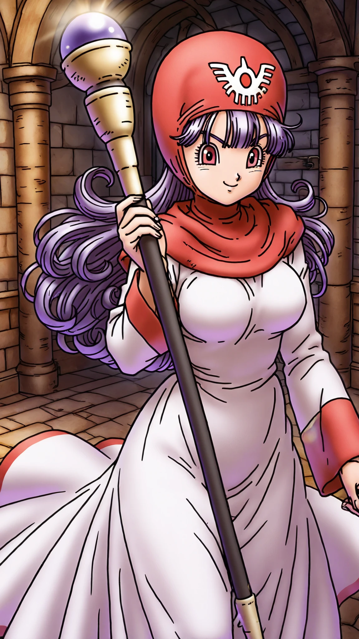masterpiece,best quality,4K,detailed,high resolution,official art,PRINCESS OF MOONBROOK (DRAGON QUEST II),cowboy shot,1woman, SOLO, PURPLE HAIR, LONG HAIR, CURLY HAIR, BLUNT BANGS,RED HOOD,Hood Up,Roto's Emblem, (red purple eyes, large anime eyes, beautiful detailed eyes, beautiful detailed iris, highlights eyes, eyebrows),smile , (white robe, long sleeves, long dress, red trim, official costume), large breasts, holding, holding staff, red boots,Emitting magical light,looking at viewer,