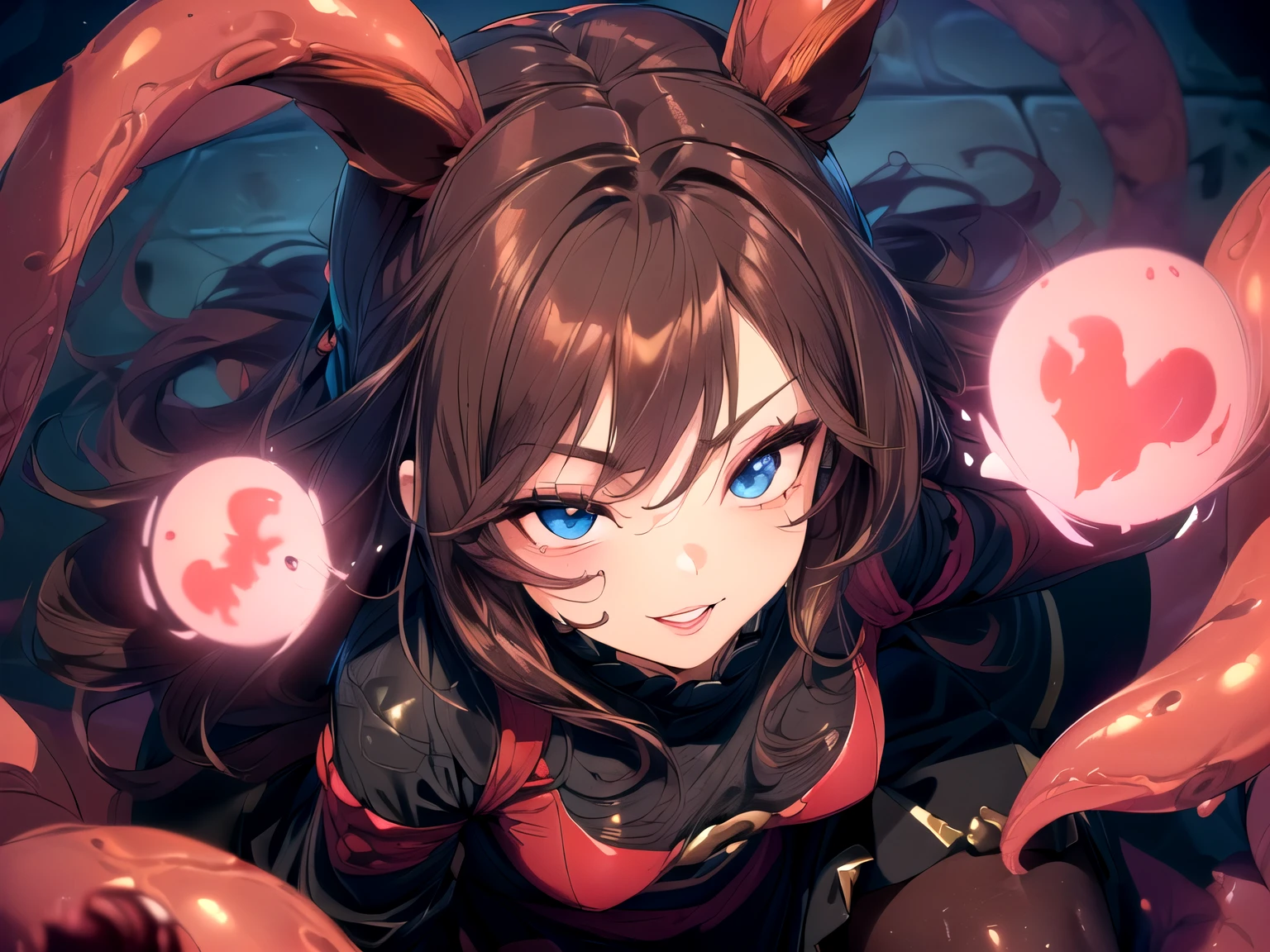 (1 person, 10 red hearts floating, cracked black wall, crouching, dark red grotesque tentacles, covered in a multitude of tentacles: 1.5) (Dimly lit pharmacy room, covered in aphrodisiac and 3000 times more sensitive, rubber suit costume, long-sleeved black clothing, long skirt, black pantyhose: 1.5) (Girl, baby face, round face, light pink lips, small breasts hidden under clothes, slim and beautiful small breasts, blue eyes, dark brown hair, thick and wavy long hair, smiling: 1.5) (Werewolf princess, beast-like, animal ears, animal tail hair: 1.5) (Unreal Engine, animation, anime shadows, gloss effect, dynamic angle, upper body close-up: 1.5) (UHD, retina, masterpiece, accurate, anatomically correct, textured skin, super detail, high detail, high quality, award-winning, highest quality, high resolution: 1.5)