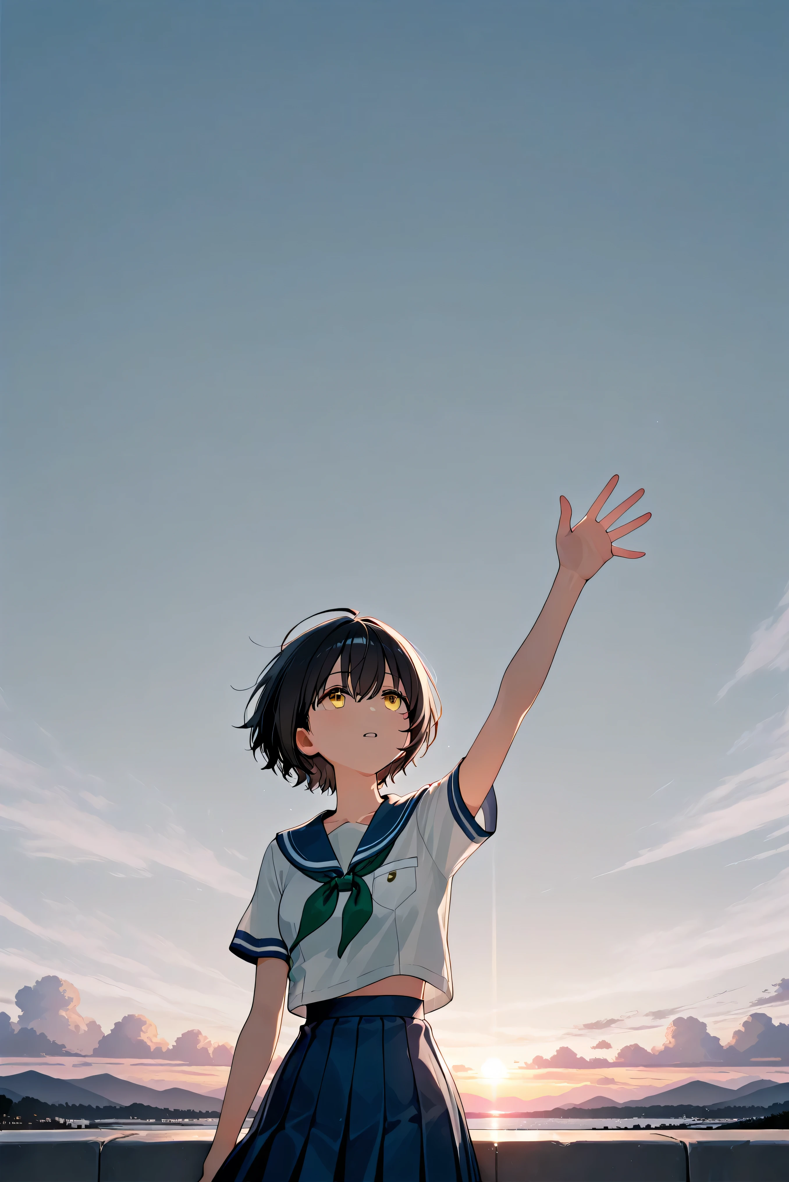 a landscape after the rain, outdoor, outside,look up at a clear sky,create a bright image that makes you feel a new beginning, black short hair, yellow eyes, summer, korean highschool uniform, One hand stretched out to the sky