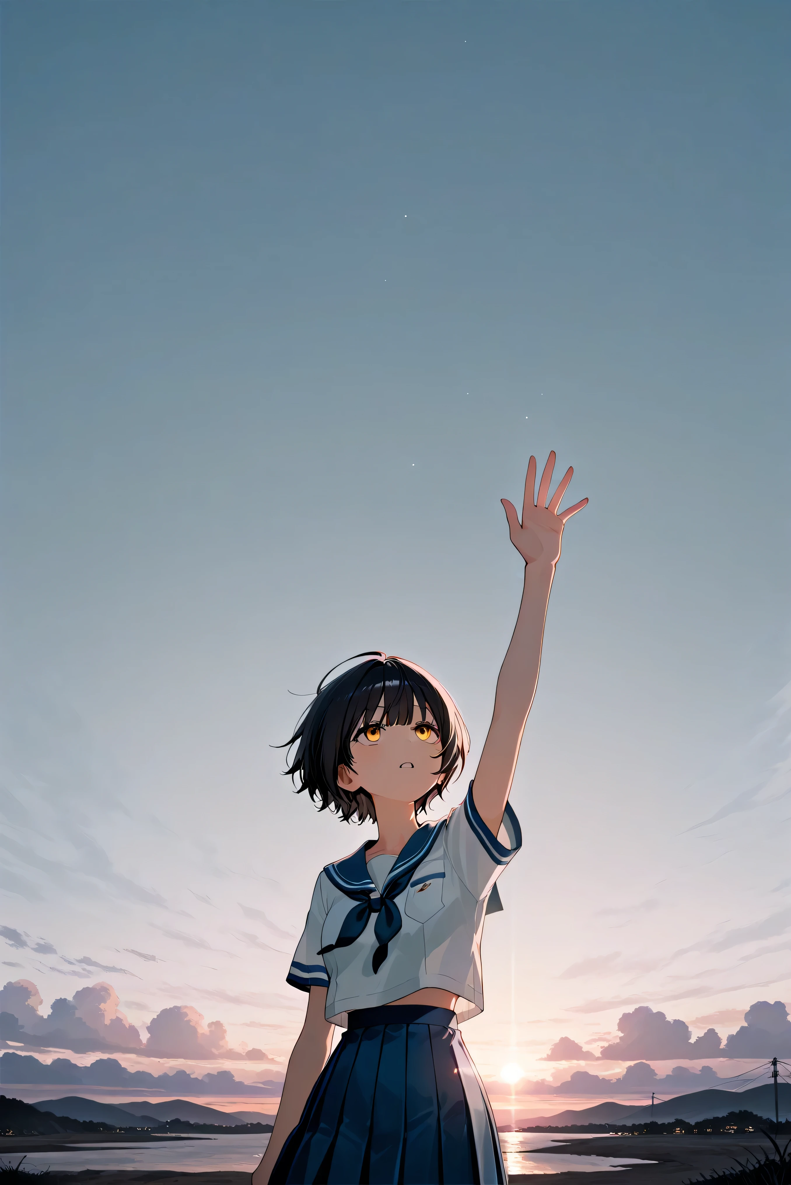 a landscape after the rain, outdoor, outside,look up at a clear sky,create a bright image that makes you feel a new beginning, black short hair, yellow eyes, summer, korean highschool uniform, One hand stretched out to the sky