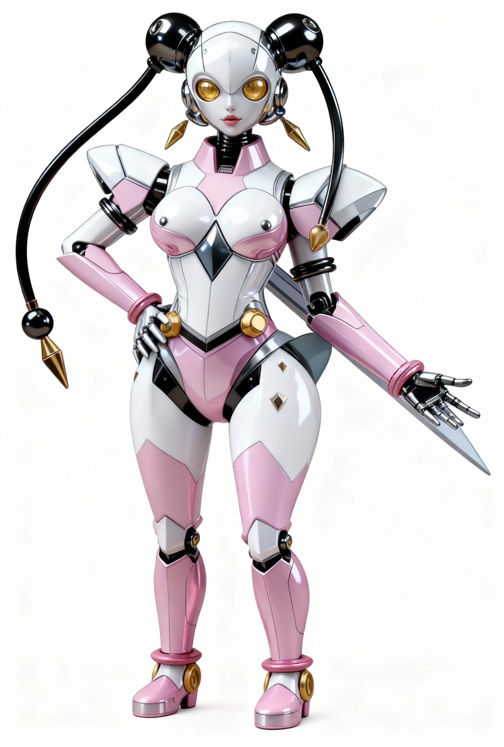 (plasticmodel:1.1) 1 girl, magical girl, mechanical arm, white hair, pink dress, black hem, detailed face, pink eyes, cowboy shot, holding a gun, in a (bathroom), (toilet in background), shallow depth of field, bokeh