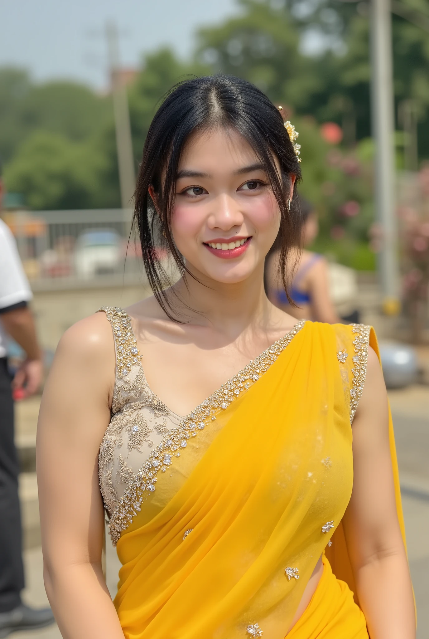 beautiful collarbone asian woman wearing yellow saree long dress with diamond ornate in saree dress on her muscle body (large breasts , Beautiful Shadows, glamour look and elegant style with dynamic pose on muscle upper body. She's wearing atribute small golden clip hair and happy vibes beauty smile confident open moutht showing teeth .