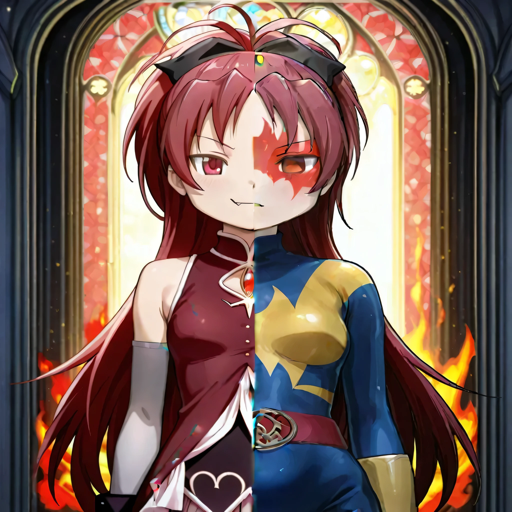 ((Masterpiece))), (((Best Quality))), ((Super Detail)), ultra-High resolution, score_9,score_8_up,score_7_up,score_6_up,score_5_up,score_4_up, BREAK, source_anime, anime screencap, uncensored, Masterpiece, (best shadow), (absurdres), (detailed background), (very aesthetic), detailed beautiful eyes, outstanding, an exquisite animation illustration, curvy, highres, (((solo, 1girl))), hair ornament, pose, submissive pose, anime style, anime coloring, animification, megami magazine, pose, small , red eyes, ponytail, long hair, very long hair, hair bow, bow, red hair, hair ribbon, fang, ribbon, sakura kyoko, looking at viewer, outdoors, cowboy shot, upper body, standing, standing at attention, standing still, smile, confident, determined, (((spl1tscr33n, spl1tf4c3, spl1tfr4m3,,splitscreen, splitface, splitframe, split screen, split face, split frame))), magical girl, red dress, soul gem, shoulders, detached sleeves, frills, elbow gloves, pink skirt, red knee boots, magical girl, ribbon, black bow, shoulders, red dress, long sleeves, detached sleeves,