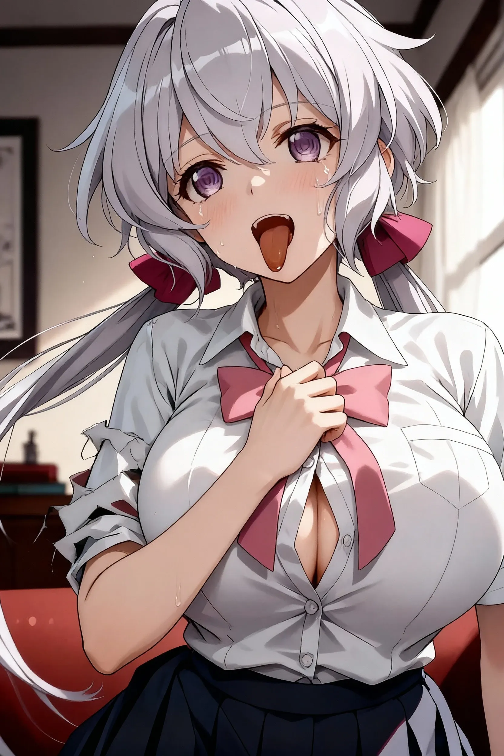 ((Highest quality)), ((masterpiece)), (detailed), One person,Age 25,(Black knit sweater),(mini skirt),Shoulder Bare,Big Breasts,blush,Underbust,(Her cleavage is visible),(Excited expression),(Seduce),night,indoor,Remains,nightのRemains,Dim lighting,(In a dimly lit room),(In a messy room),Browsing Caution,sexy,dirty,Sweat,(Black knee-high socks),(Hold your  together with both hands),(Sticking out tongue),(A long ice cream sandwiched between her breasts),(The mouth becomes white and )