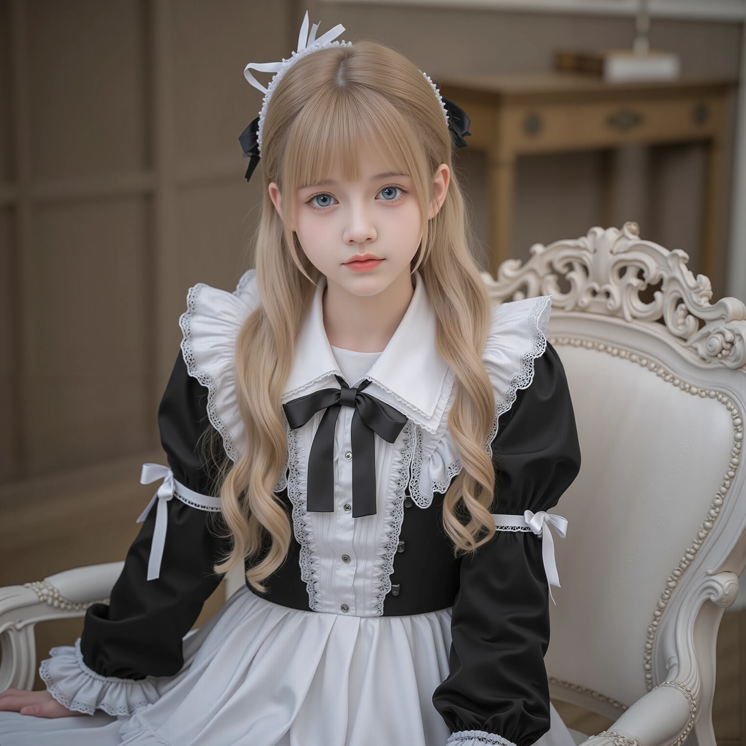 European girl,blue eyes,long blond hair,10 years old,black and white school uniform ,ruffles and bows,long sleeve,pleated skirt,