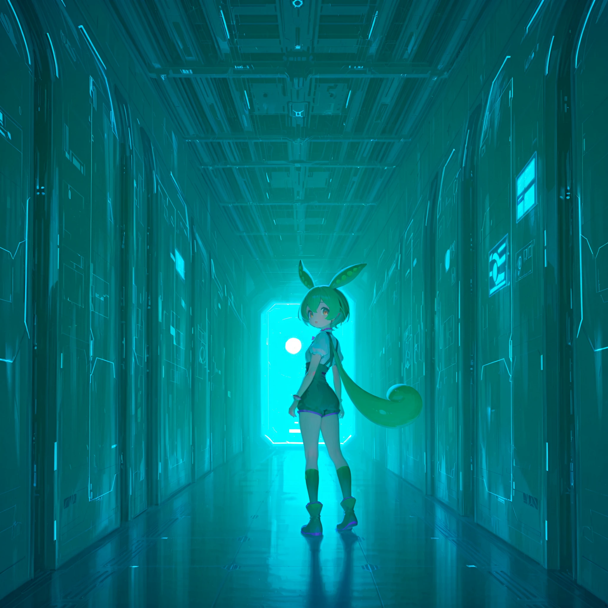 gl0w,glow, (masterpiece, detailed:1.2), best quality, 8K, ultra-detailed, high score, great score, zundamon, unnatural gaze, eerie feeling, looking back, { action pose | dynamic pose, } standing at corridor in cyber facility, nostalgia, dreamcore, absurdres