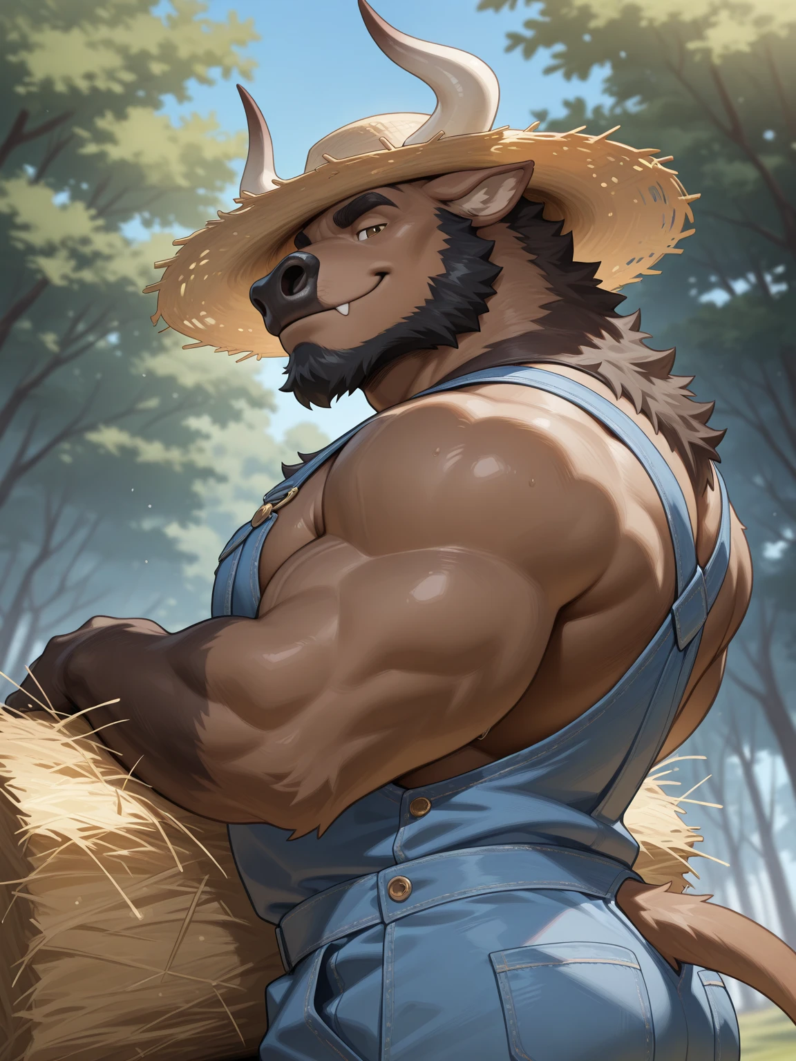 Solo, male (((tall, hyena, muscular, huge muscles, broad shoulders, walnut brown body, white fur, brown snout, pointed ears,  hair, subtle beard, subtle mustache, black ears, black hands, black nose, black eyes, yellow sclera, huge pecs, hyper pecs, biceps, big biceps, hairy pecs, hairy body, dark brown hair, teeth, subtle smile, smirking, long hair, cowboy hat, long snout, abs, tail, , huge bulge))) desert, town, standing, detailed teeth ((focus yellow sclera, focus cowboy hat, focus hairy body, focus hairy pecs, focus subtle mustache, focus eyes, focus abs, focus hair, focus huge pecs, focus hyper pecs, focus teeth)) the cowboy hat has holes for ears, accurate ear placement, by darkgem, by mystikfox61, by glitter trap boy