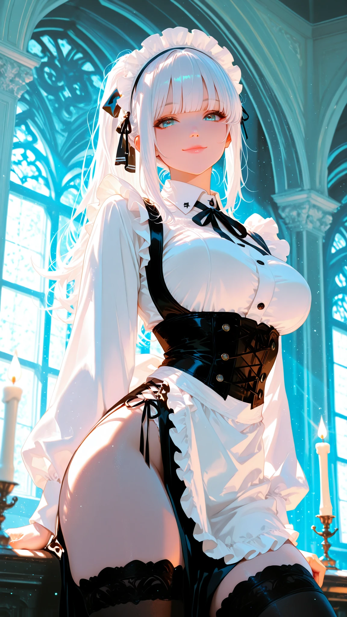 1girl, breasts, solo, long_hair, maid_headdress, smile, thighhighs, looking_at_viewer, underbust, large_breasts, ponytail, maid, indoors, apron, blue_eyes, window, shirt, sidelocks, long_sleeves, bangs, parted_bangs, frills, thighs, white_hair, collared_shirt, waist_apron, white_shirt, closed_mouth, light_particles, candle, ribbon, black_ribbon, black_thighhighs, sunlight, lips, neck_ribbon, corset, cowboy_shot, side_slit
